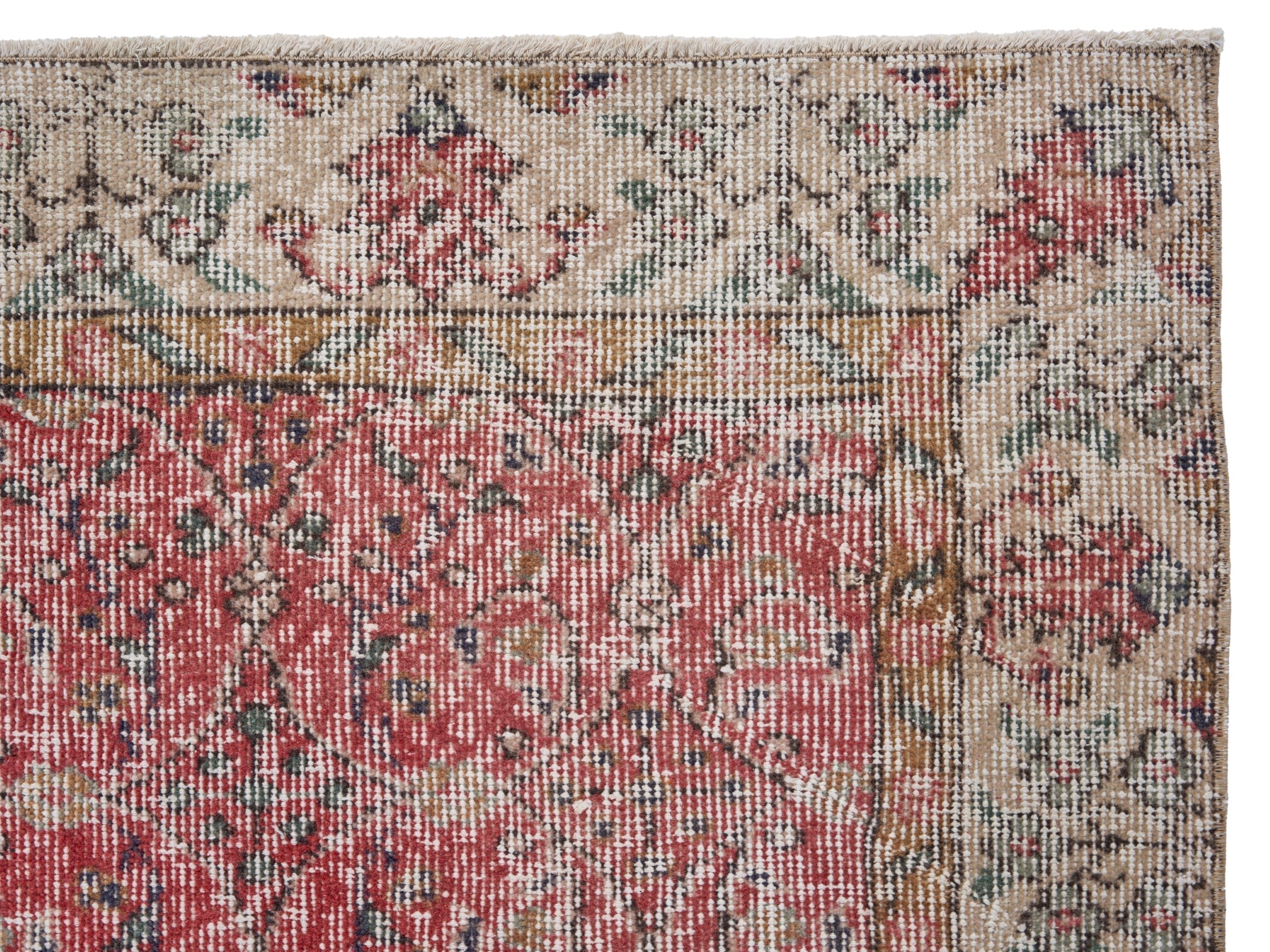 Turkish Isparta area rug in faded red and greige, view 8 of 10