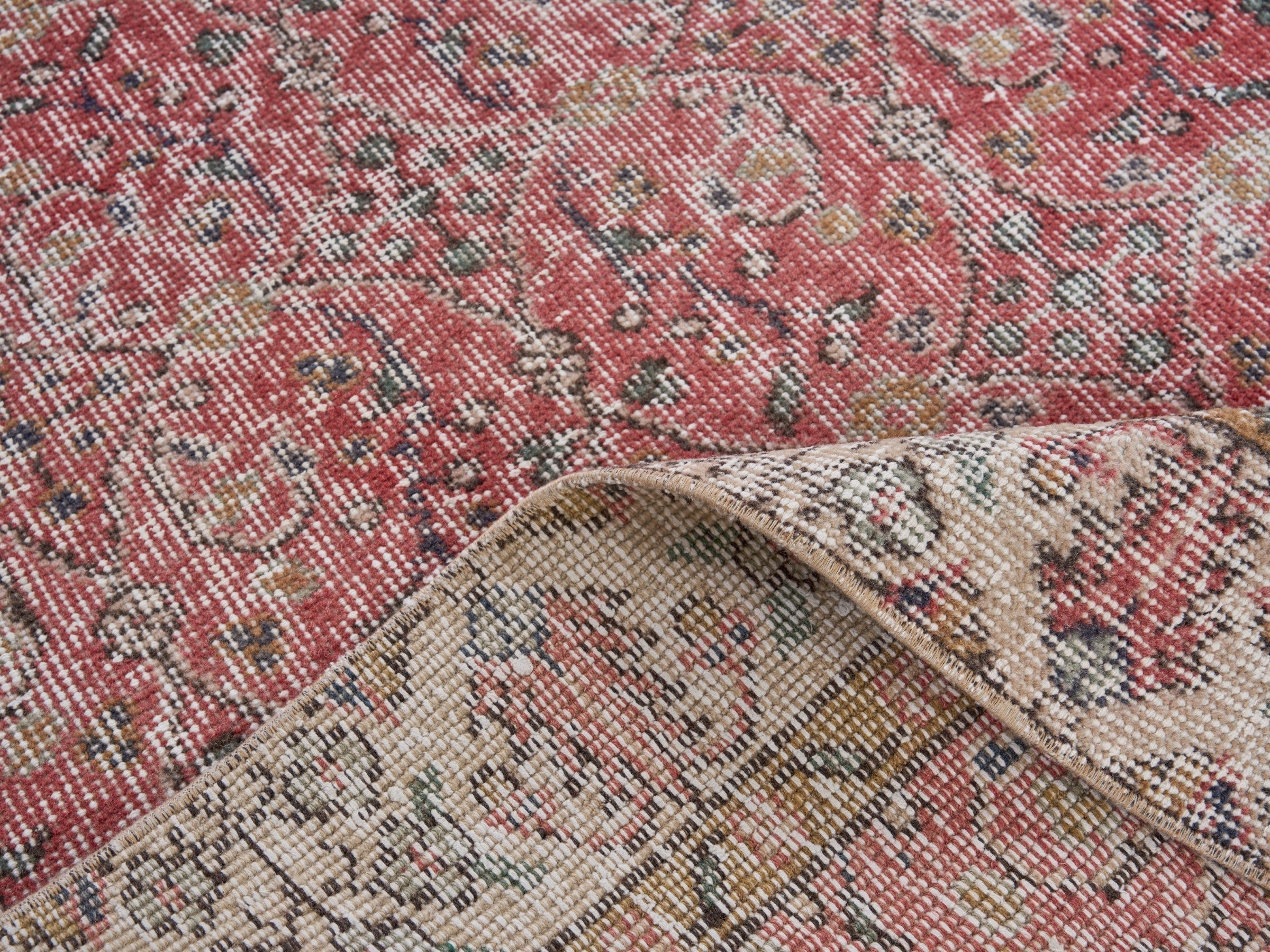 Turkish Isparta area rug in faded red and greige, view 9 of 10