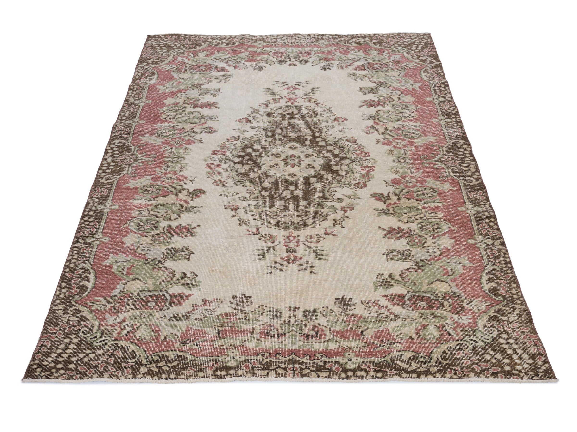 Turkish Isparta area rug in cream and rose, view 2 of 10