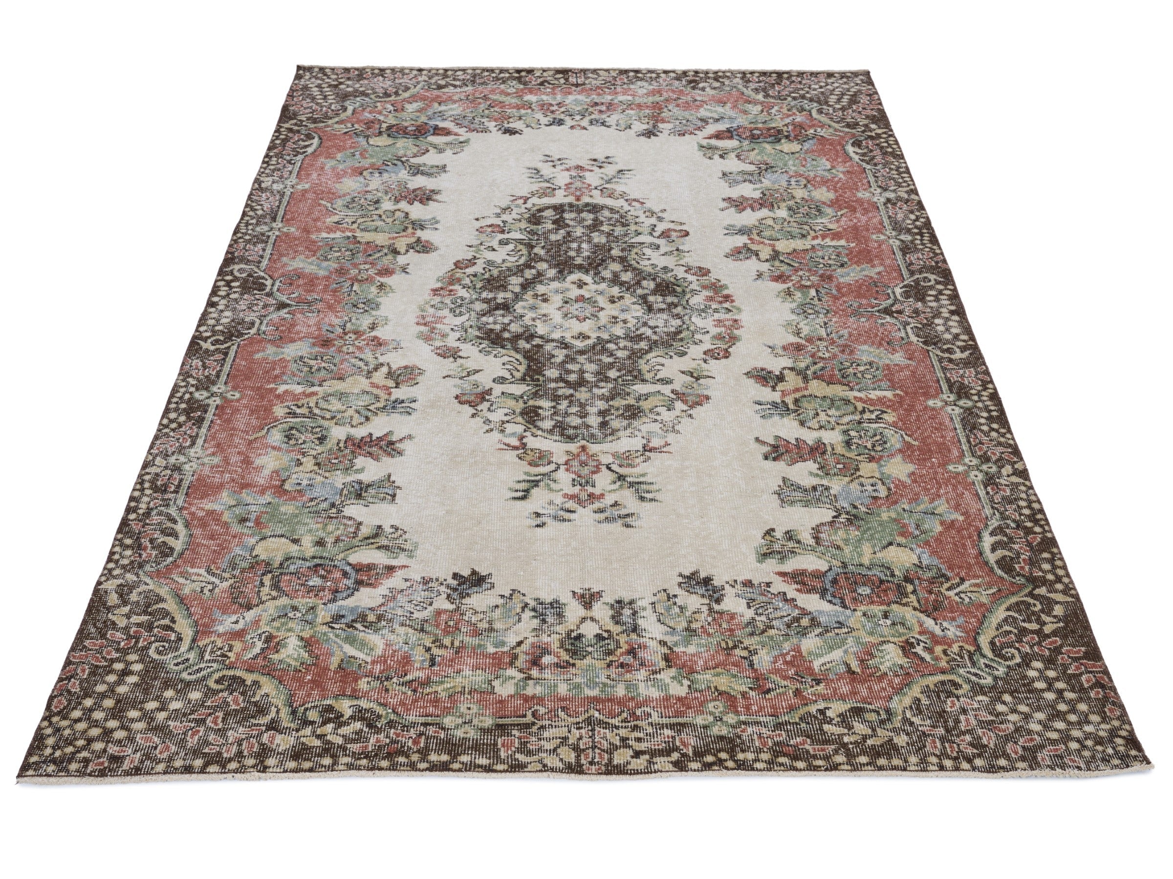 Turkish Isparta area rug in cream and rose, view 2 of 10