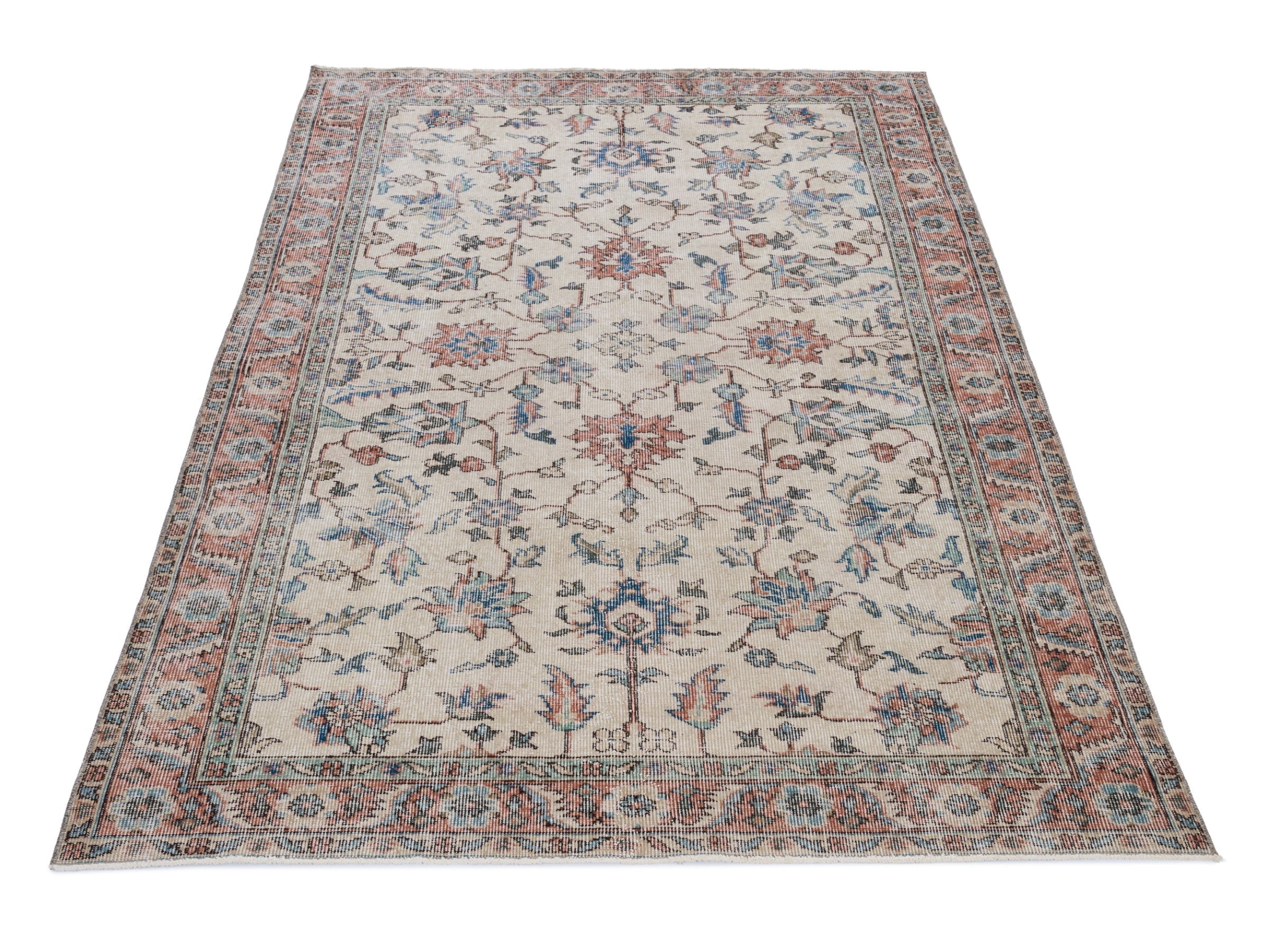 Turkish Isparta area rug in ivory and faded red, view 2 of 10