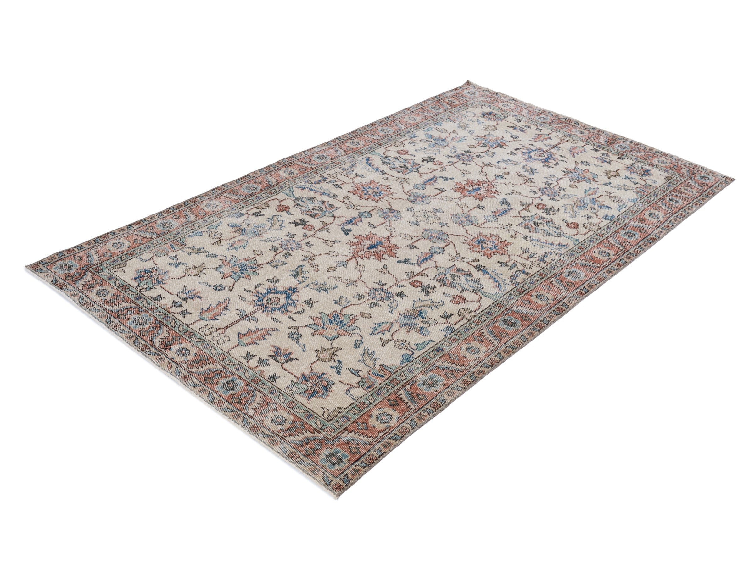 Turkish Isparta area rug in ivory and faded red, view 3 of 10