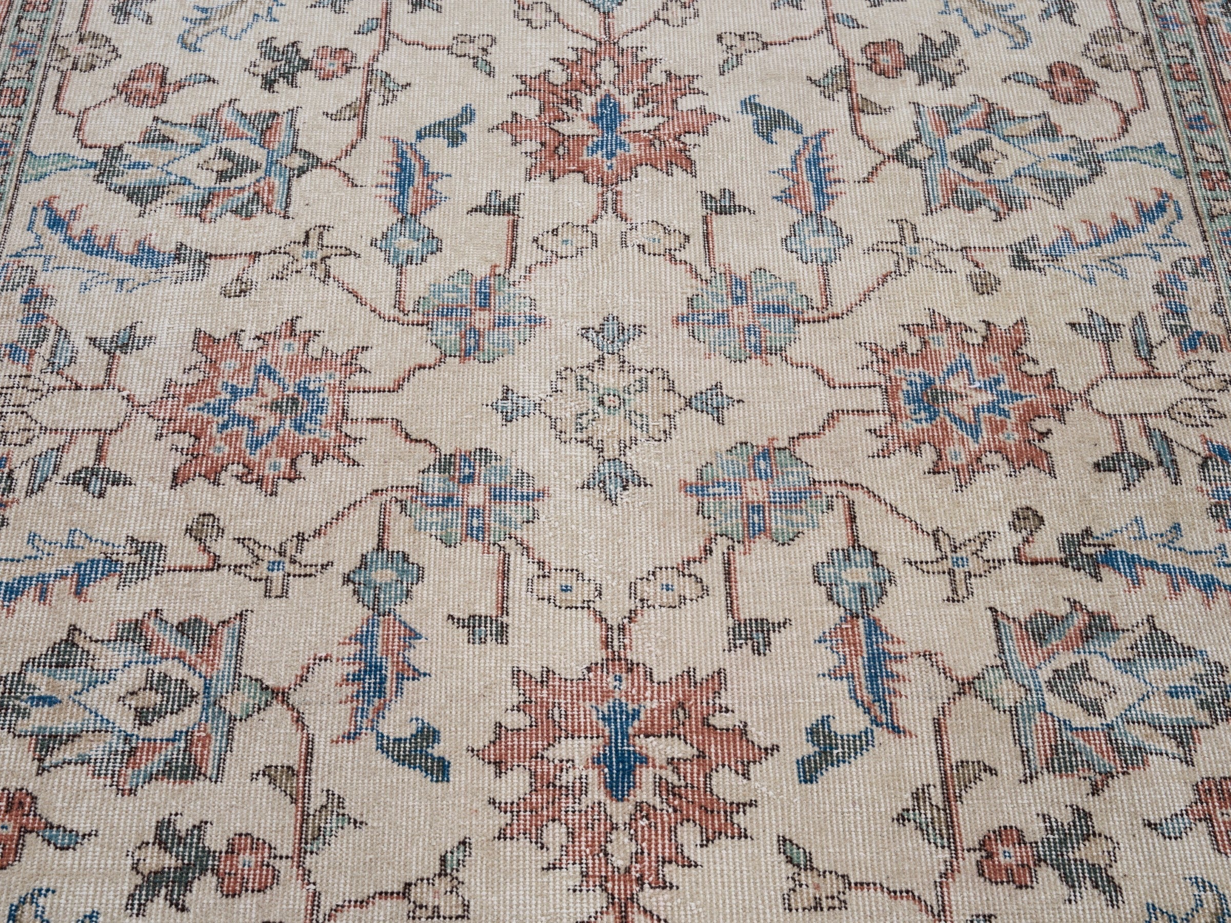 Turkish Isparta area rug in ivory and faded red, view 4 of 10
