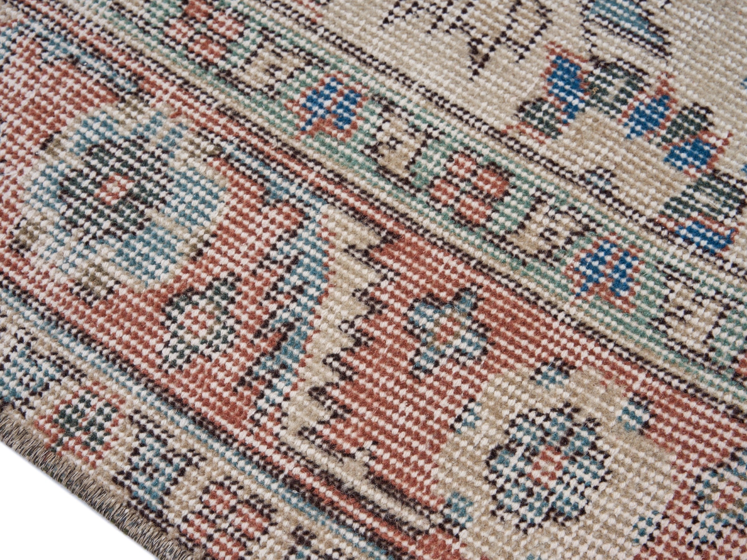 Turkish Isparta area rug in ivory and faded red, view 6 of 10