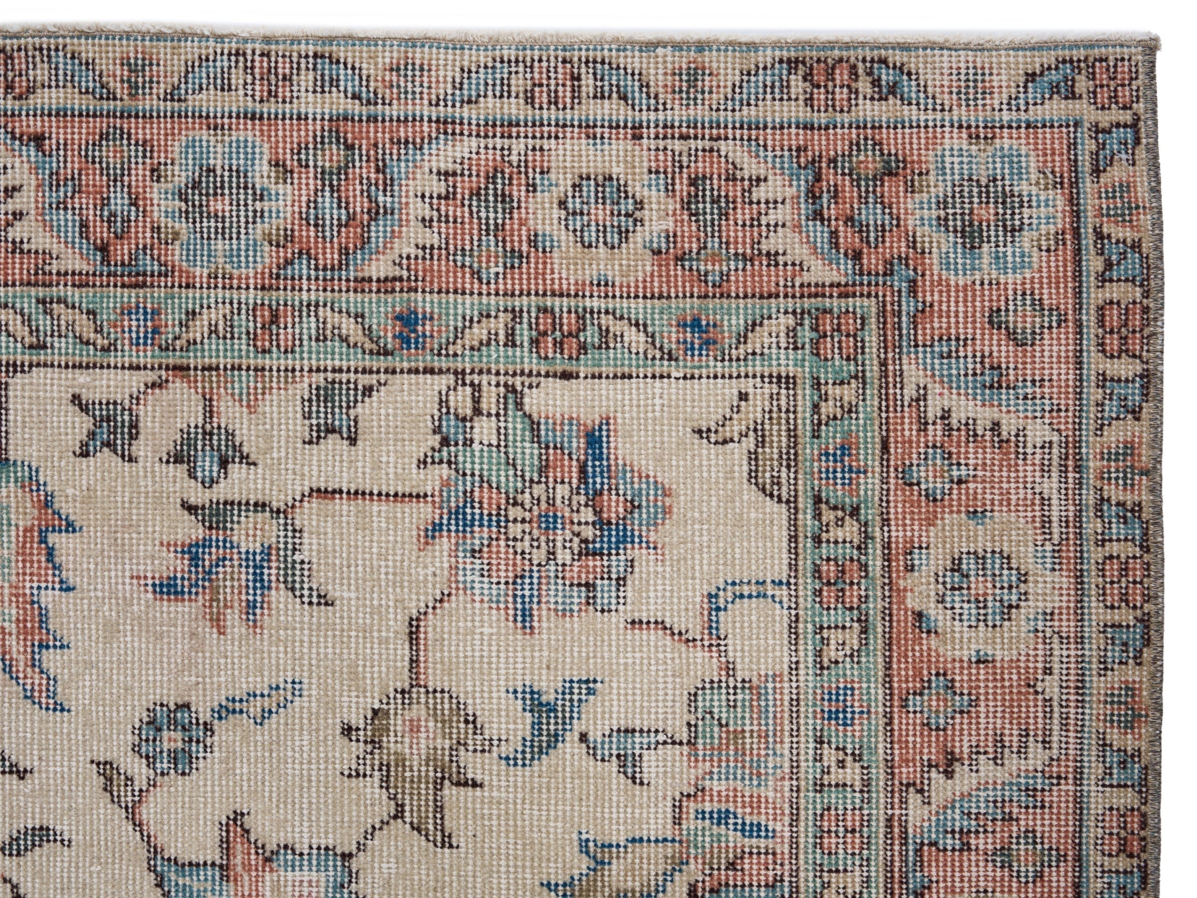 Turkish Isparta area rug in ivory and faded red, view 8 of 10