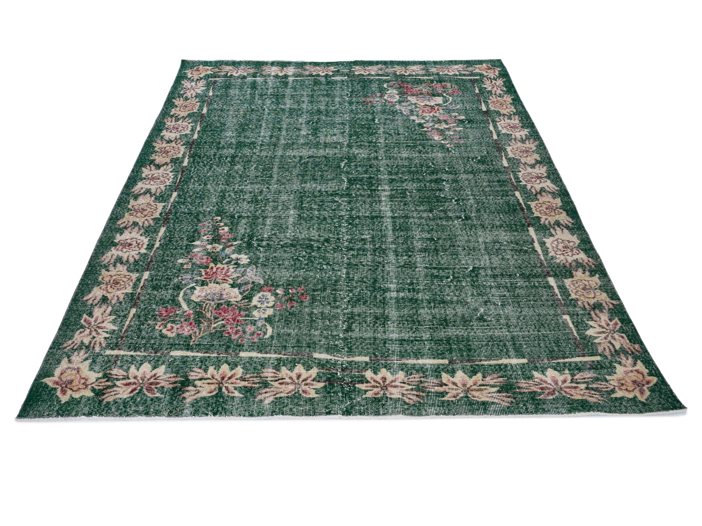 Turkish Isparta area rug in forest and muted pink, view 2 of 10