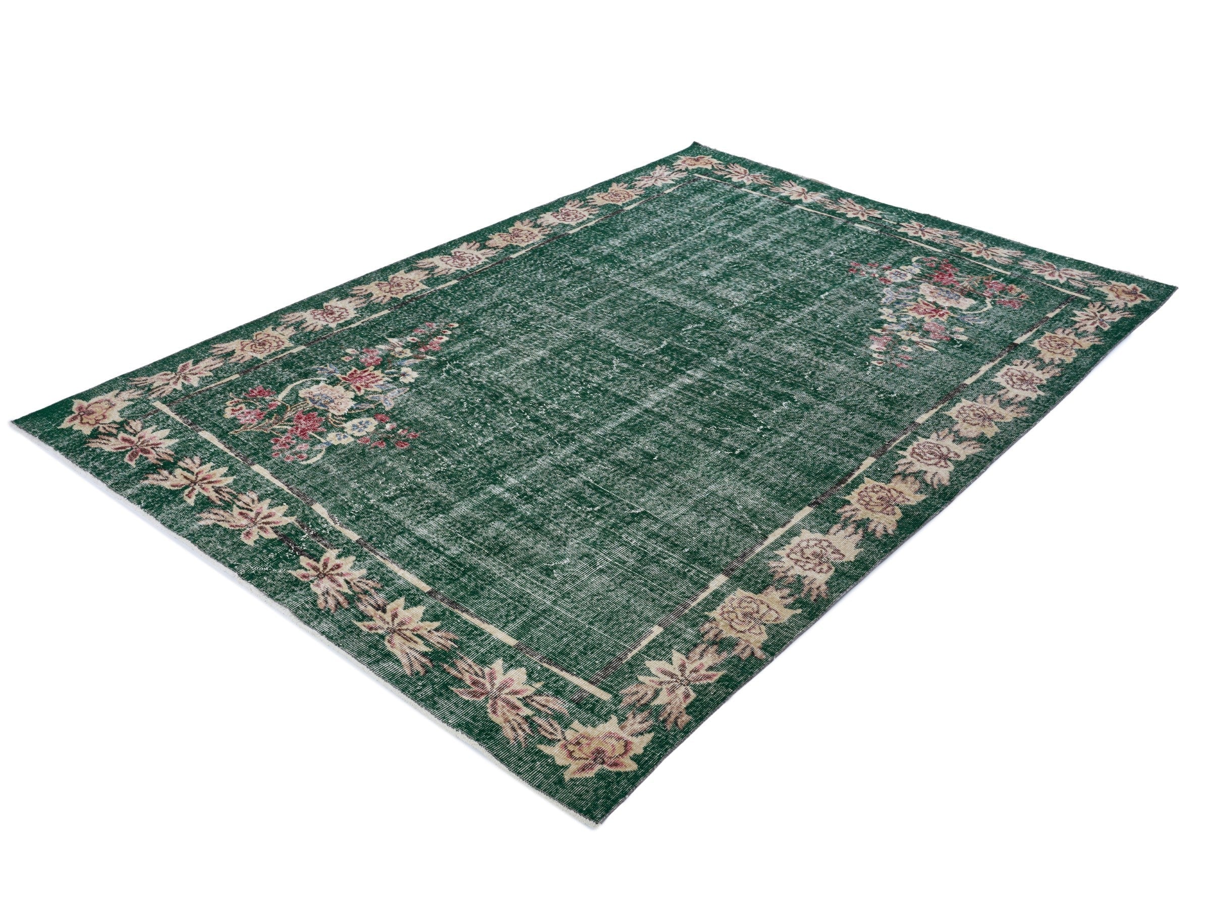 Turkish Isparta area rug in forest and muted pink, view 3 of 10