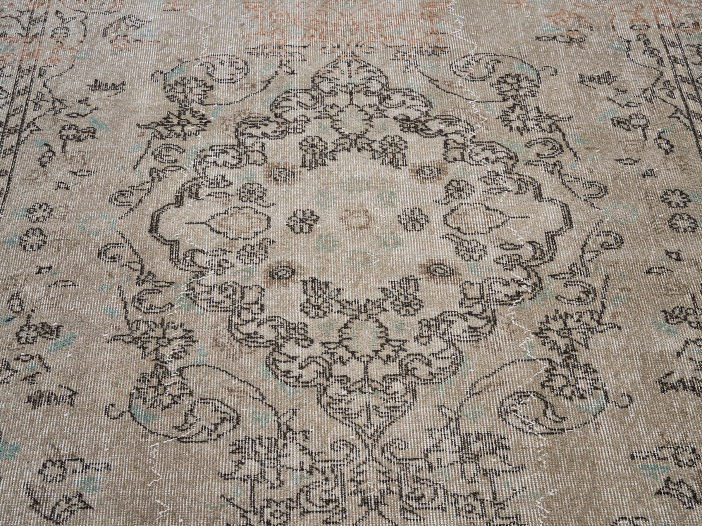Turkish Isparta area rug in cream and faded red, view 4 of 10