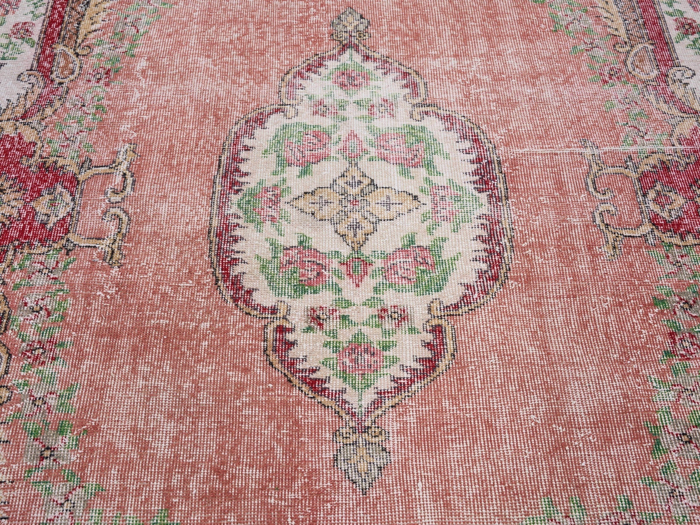 Turkish Isparta area rug in dusty rose and cream, view 4 of 10