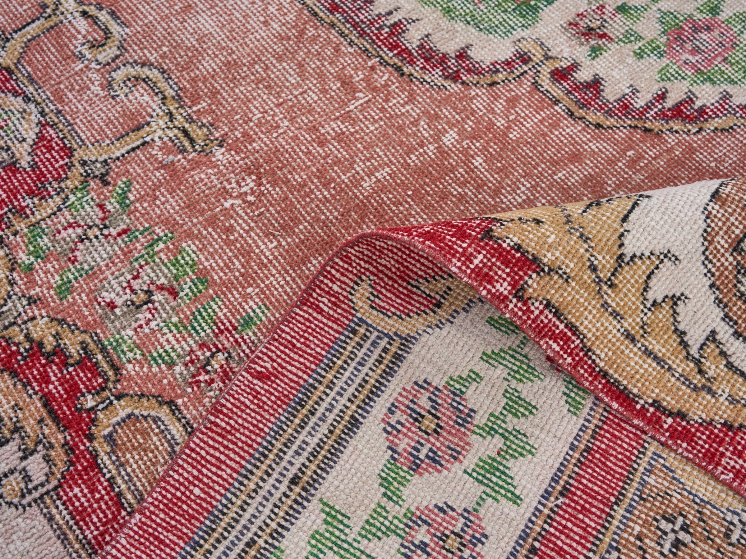 Turkish Isparta area rug in dusty rose and cream, view 9 of 10