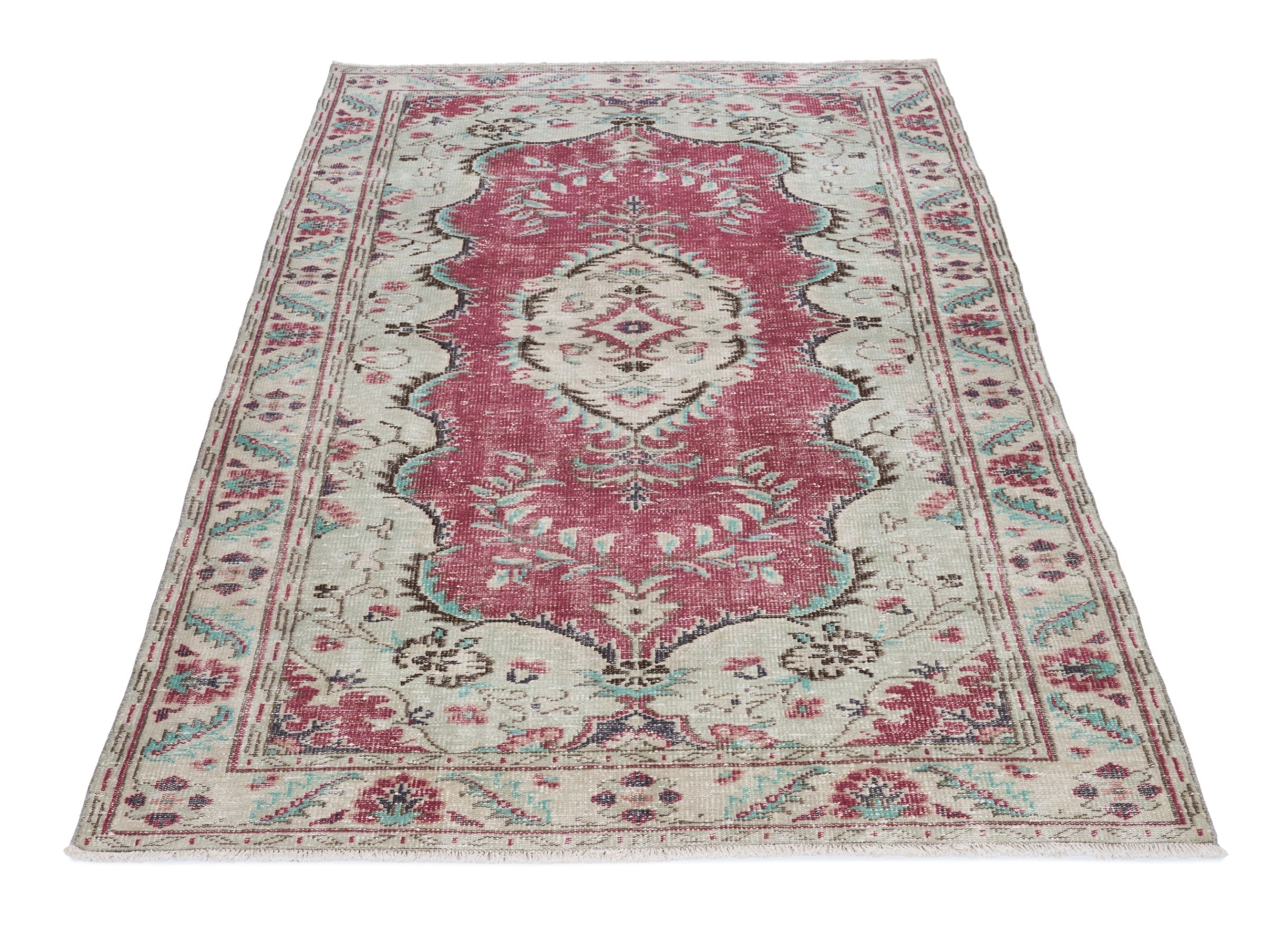 Turkish Manisa area rug in faded red and cream, view 2 of 10