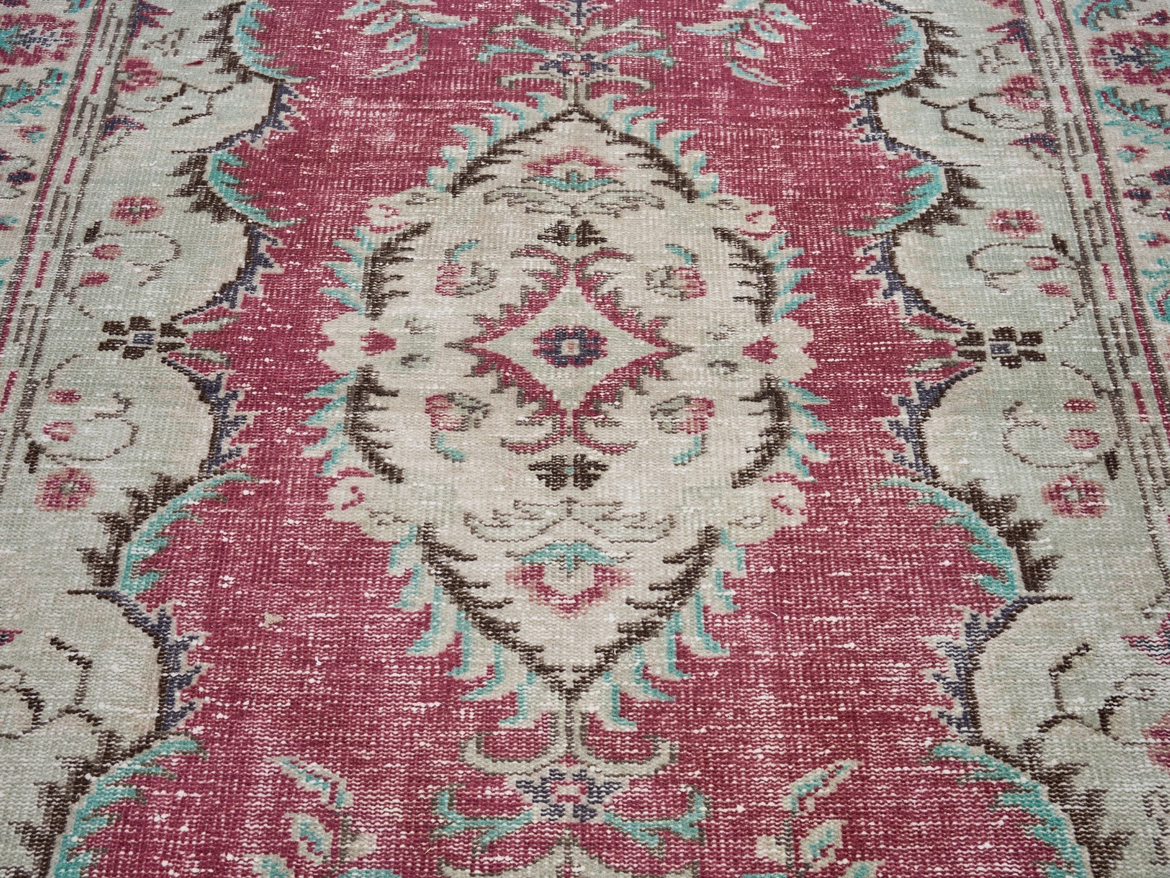 Turkish Manisa area rug in faded red and cream, view 4 of 10