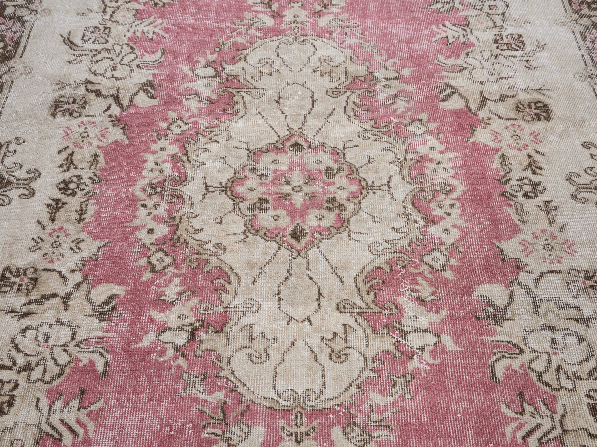 Turkish Isparta area rug in rose and cream, view 4 of 10