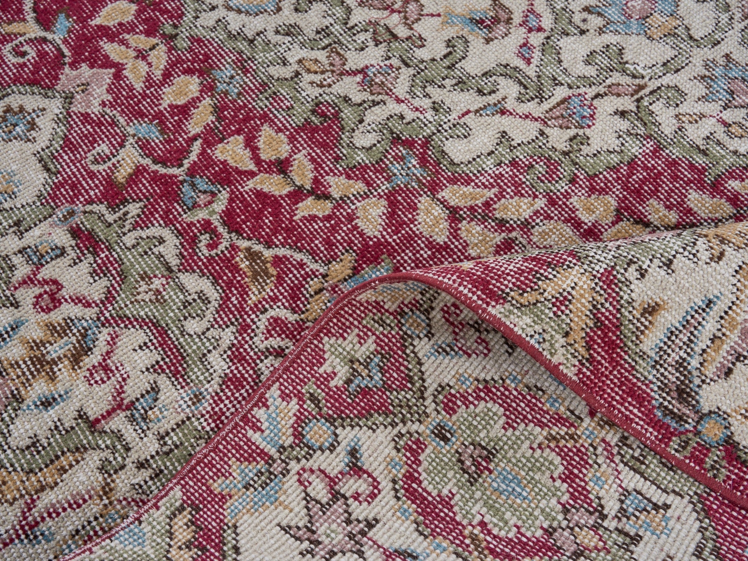Turkish Isparta area rug in burgundy and cream, view 9 of 10