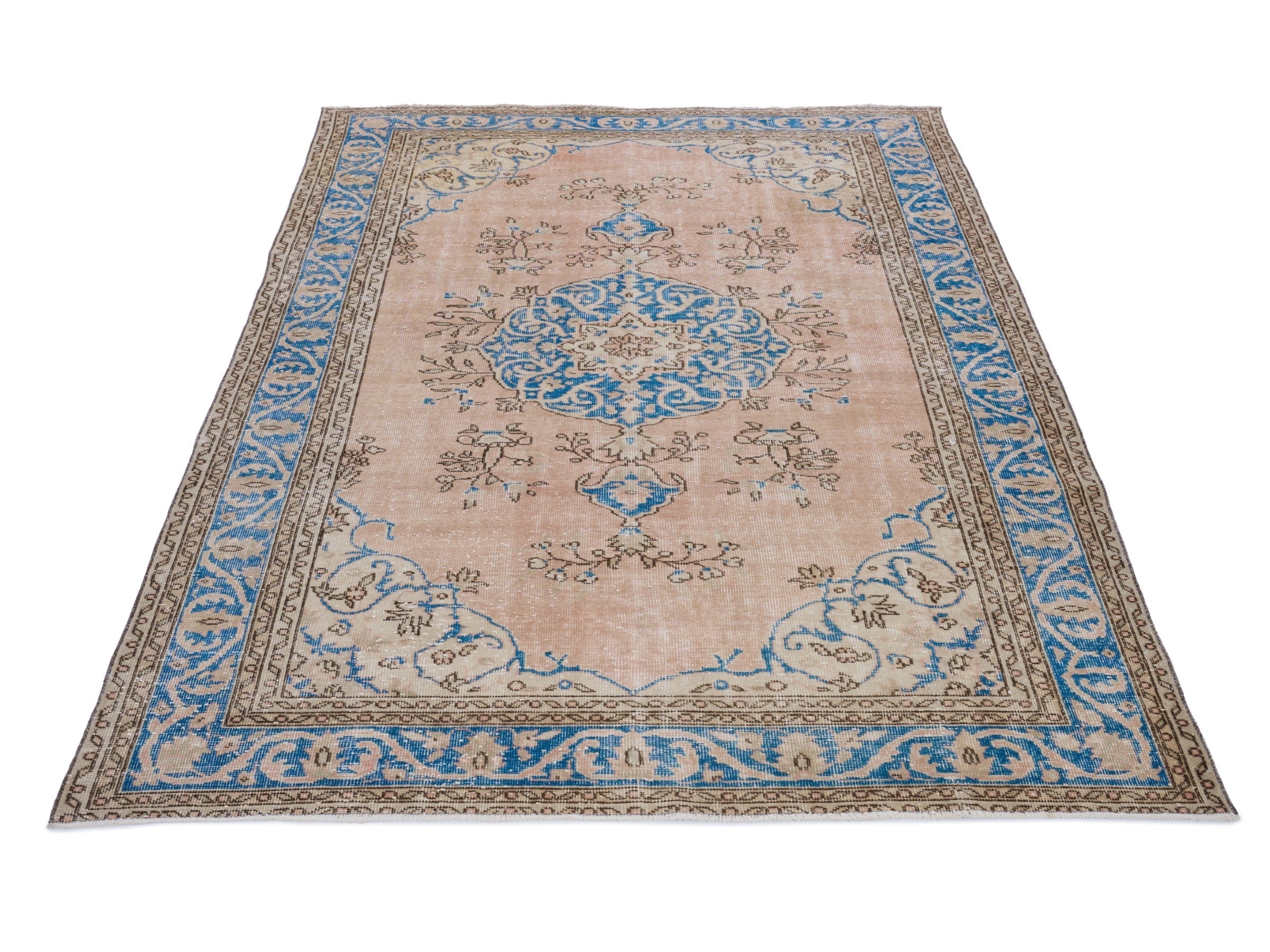 Turkish Isparta area rug in muted pink and denim, view 2 of 10