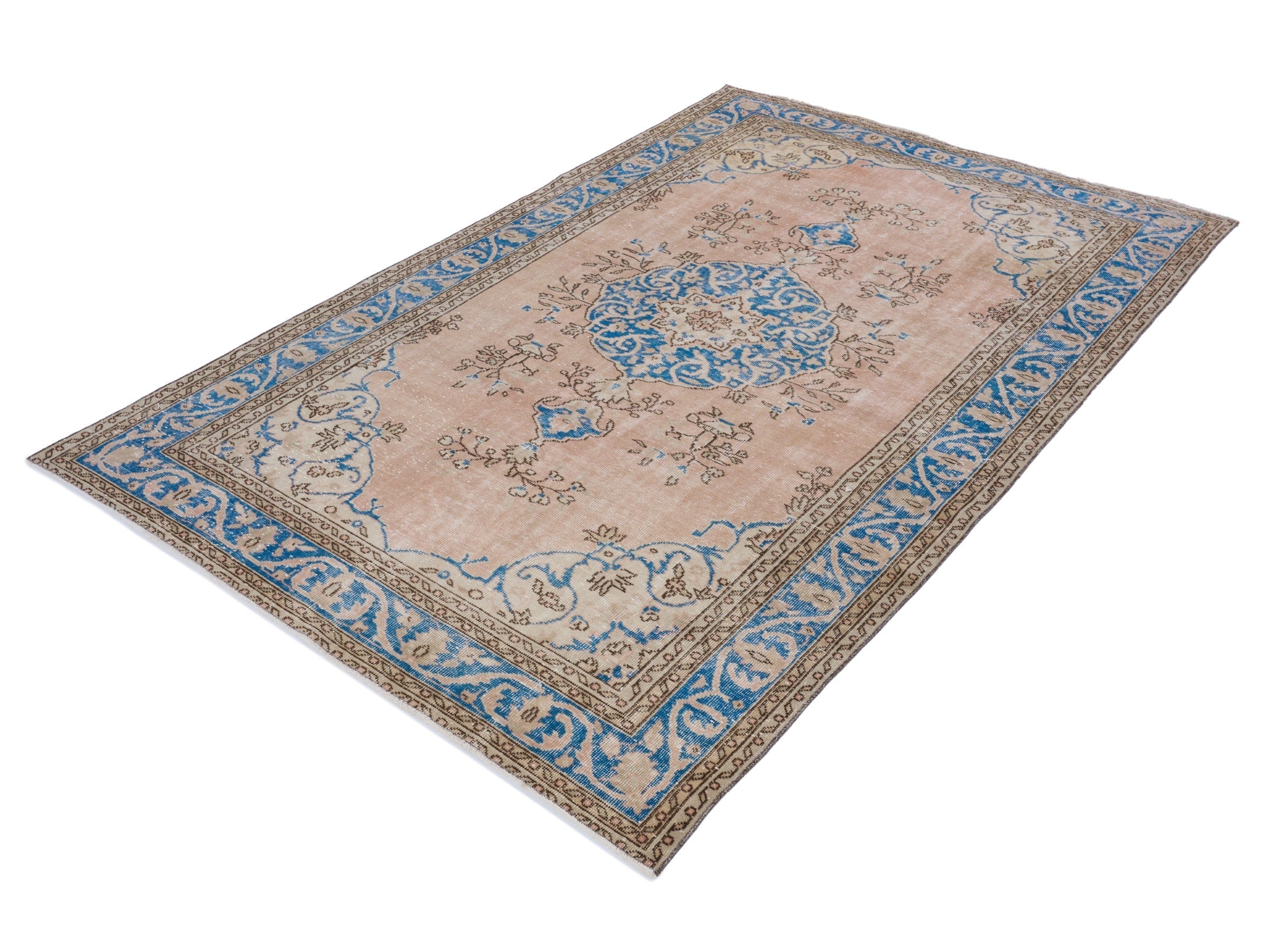 Turkish Isparta area rug in muted pink and denim, view 3 of 10