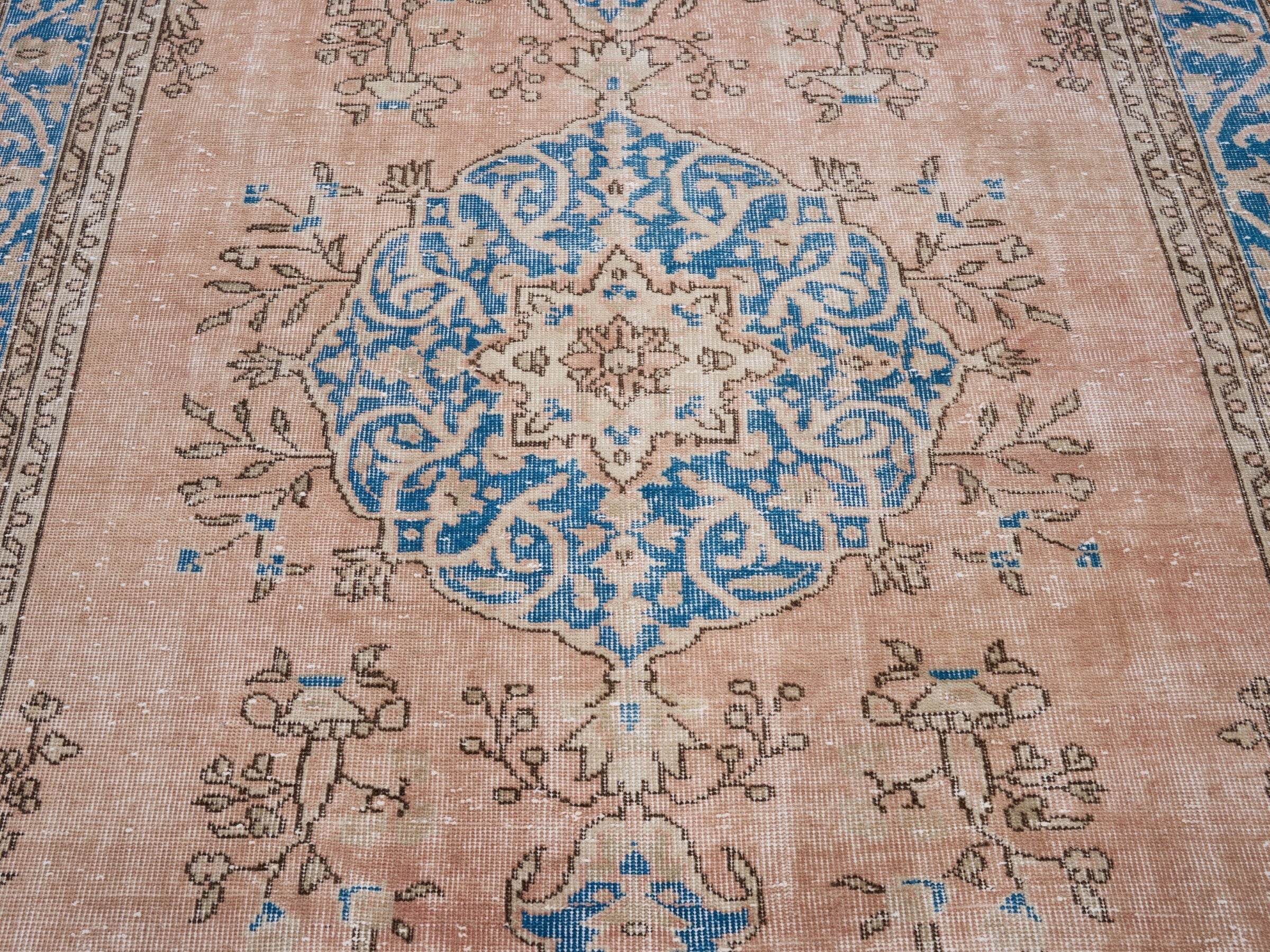 Turkish Isparta area rug in muted pink and denim, view 4 of 10