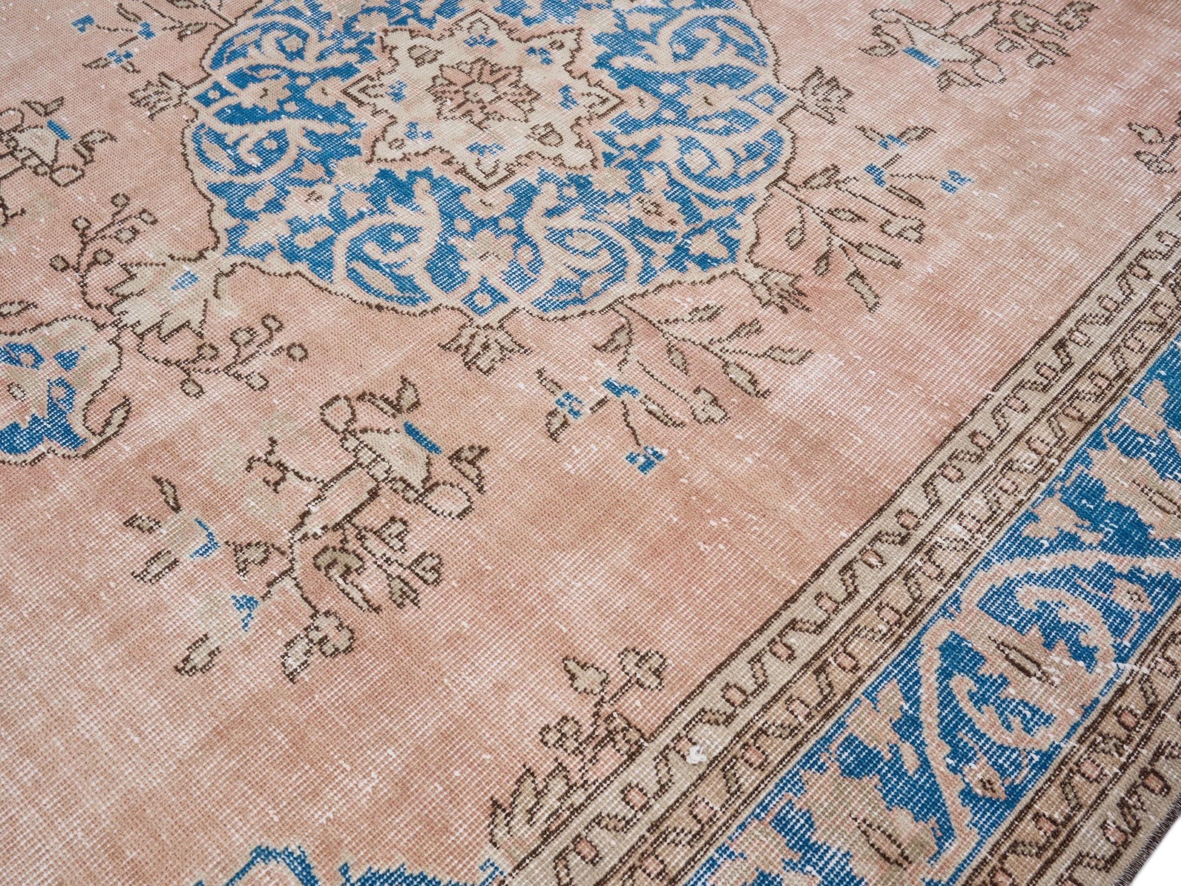 Turkish Isparta area rug in muted pink and denim, view 5 of 10