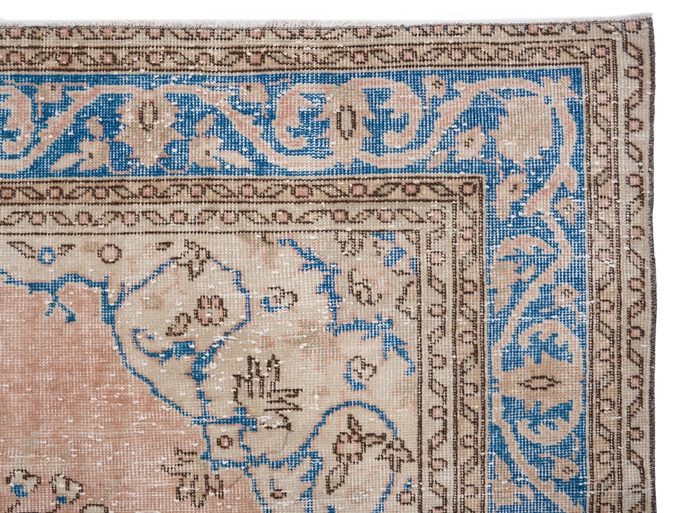 Turkish Isparta area rug in muted pink and denim, view 8 of 10