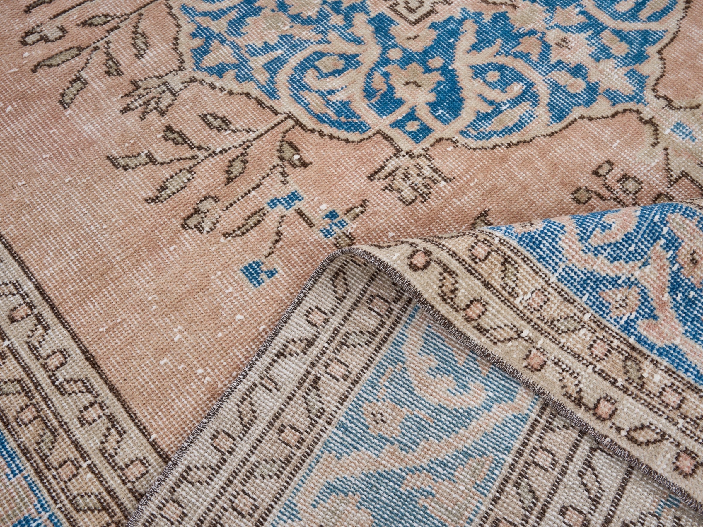 Turkish Isparta area rug in muted pink and denim, view 9 of 10