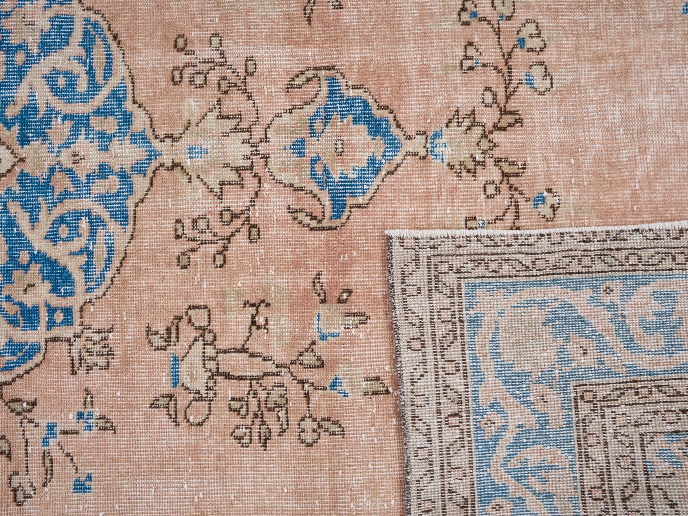 Turkish Isparta area rug in muted pink and denim, view 10 of 10