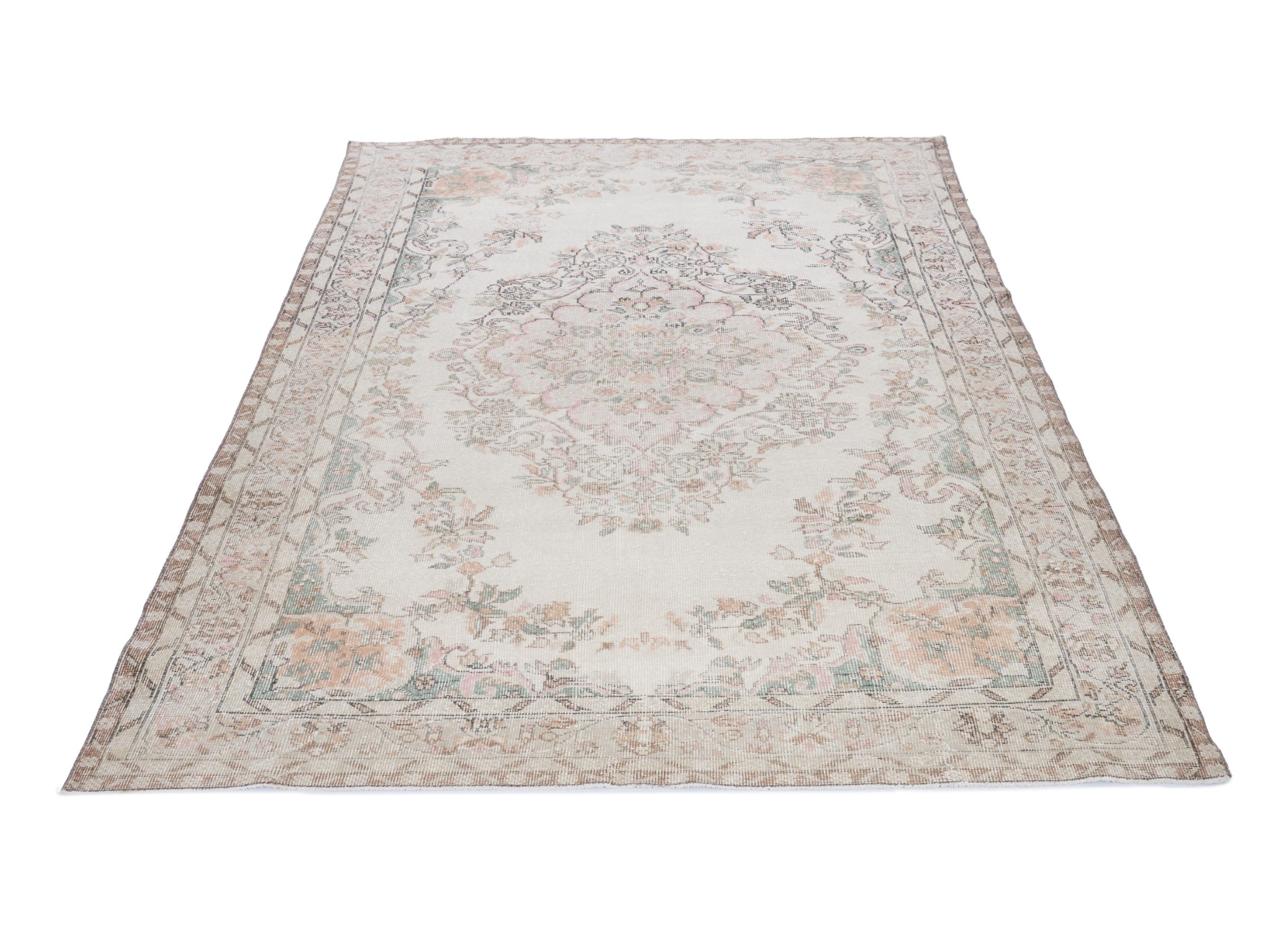 Turkish Isparta area rug in cream and muted pink, view 2 of 10