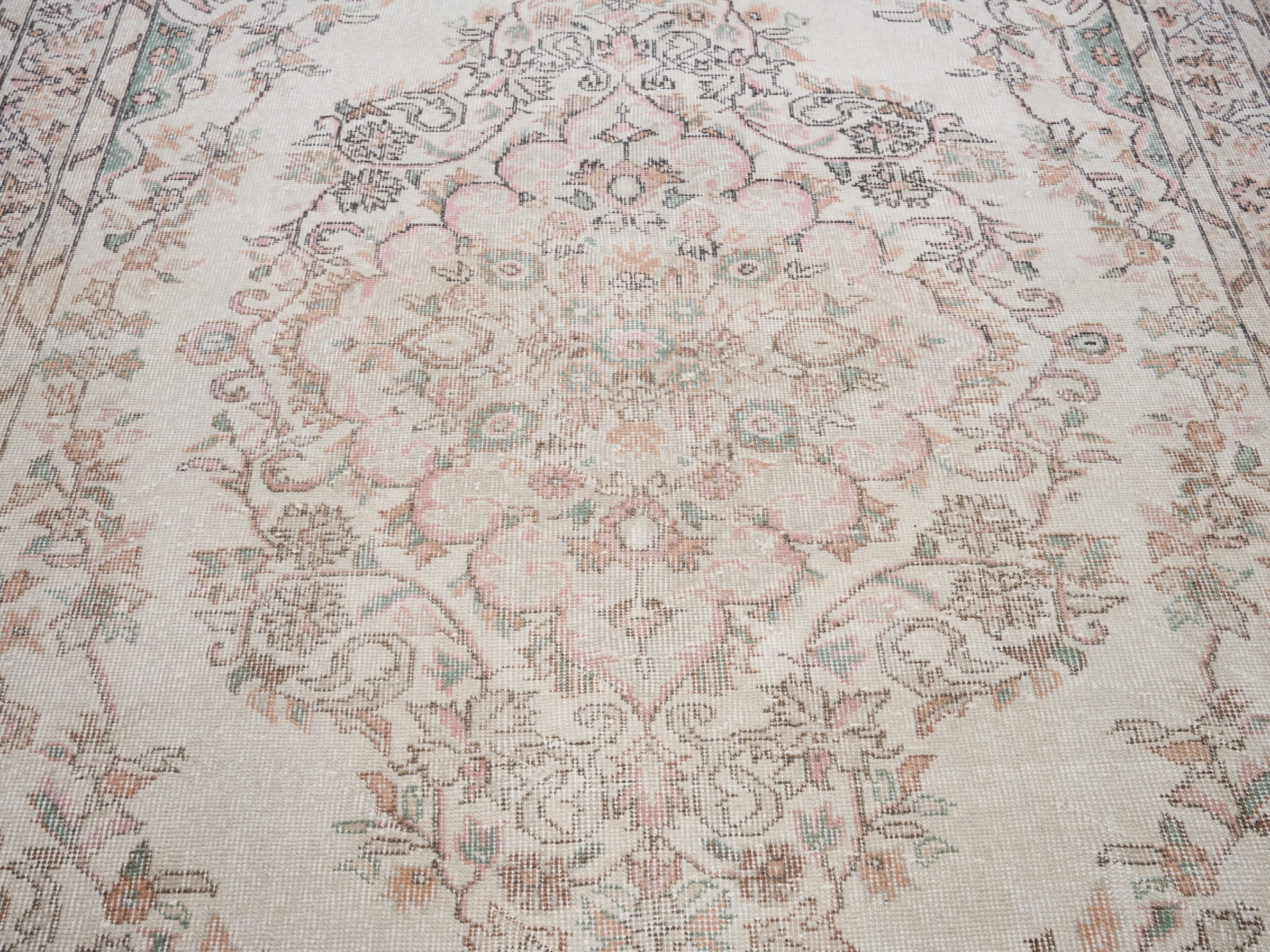 Turkish Isparta area rug in cream and muted pink, view 4 of 10