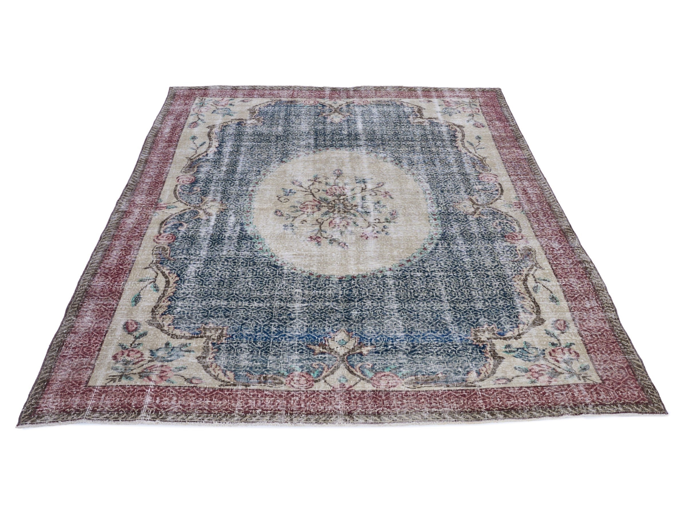 Turkish Isparta area rug in dark blue and burgundy, view 2 of 10
