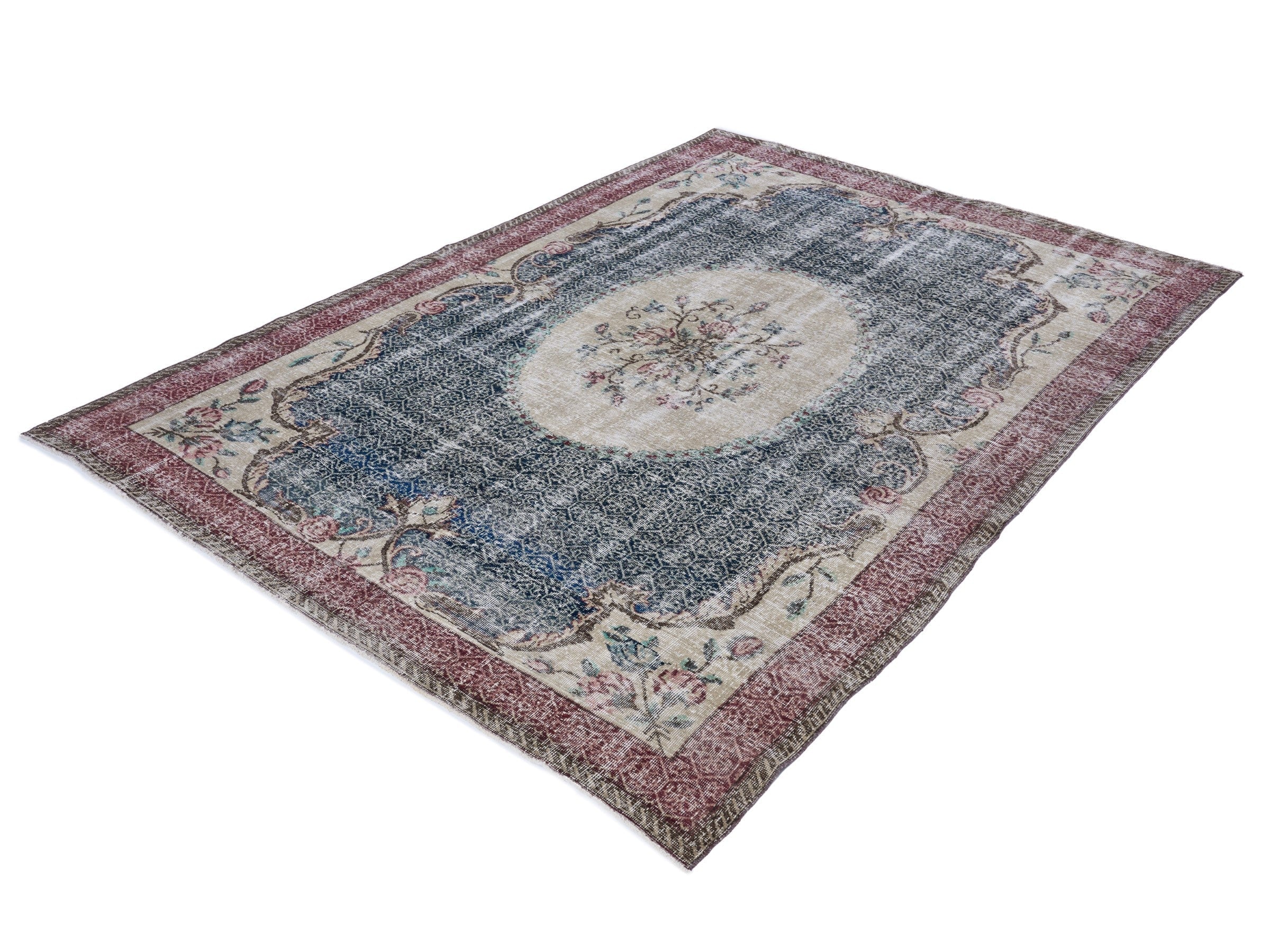 Turkish Isparta area rug in dark blue and burgundy, view 3 of 10