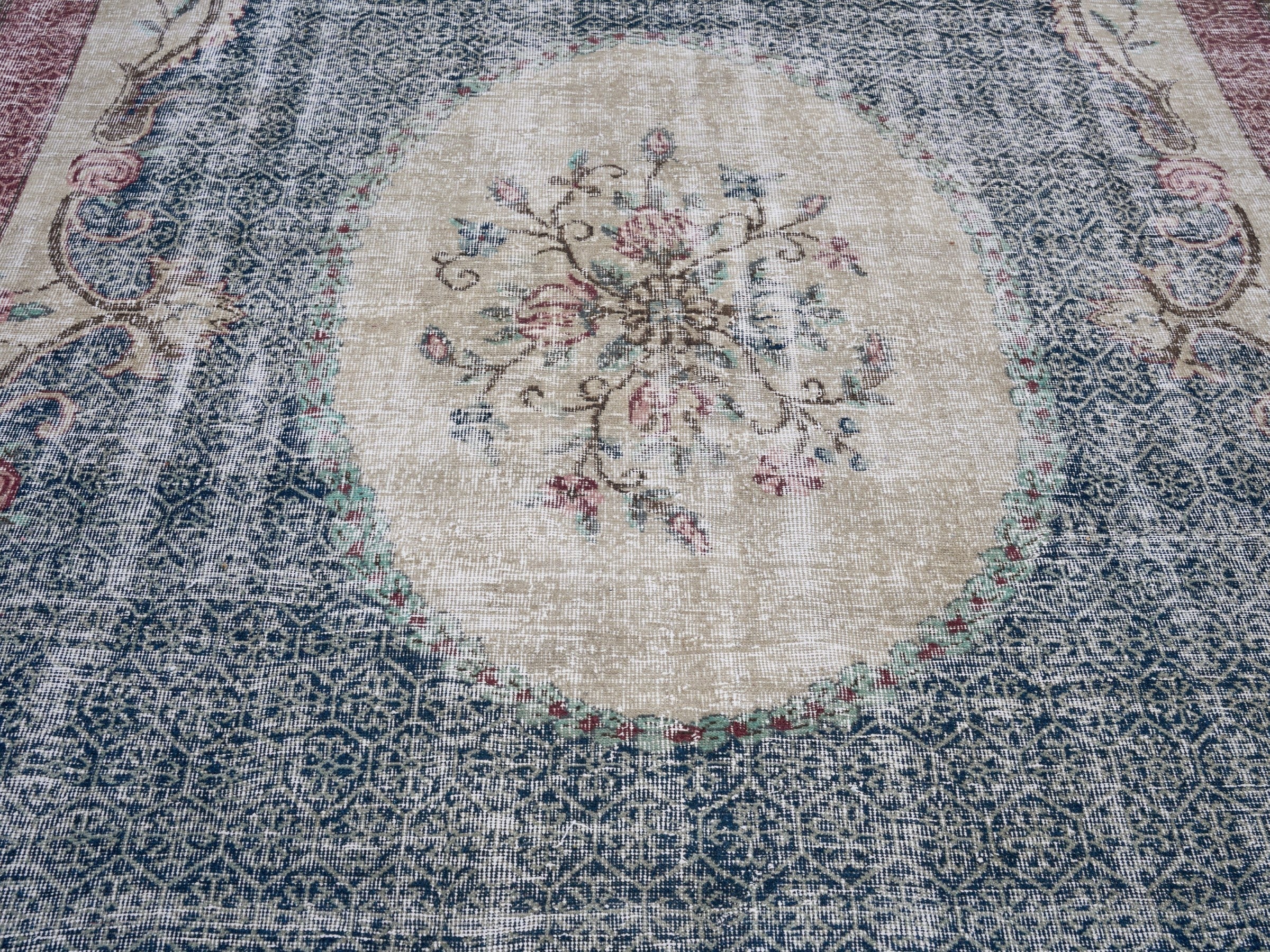Turkish Isparta area rug in dark blue and burgundy, view 4 of 10