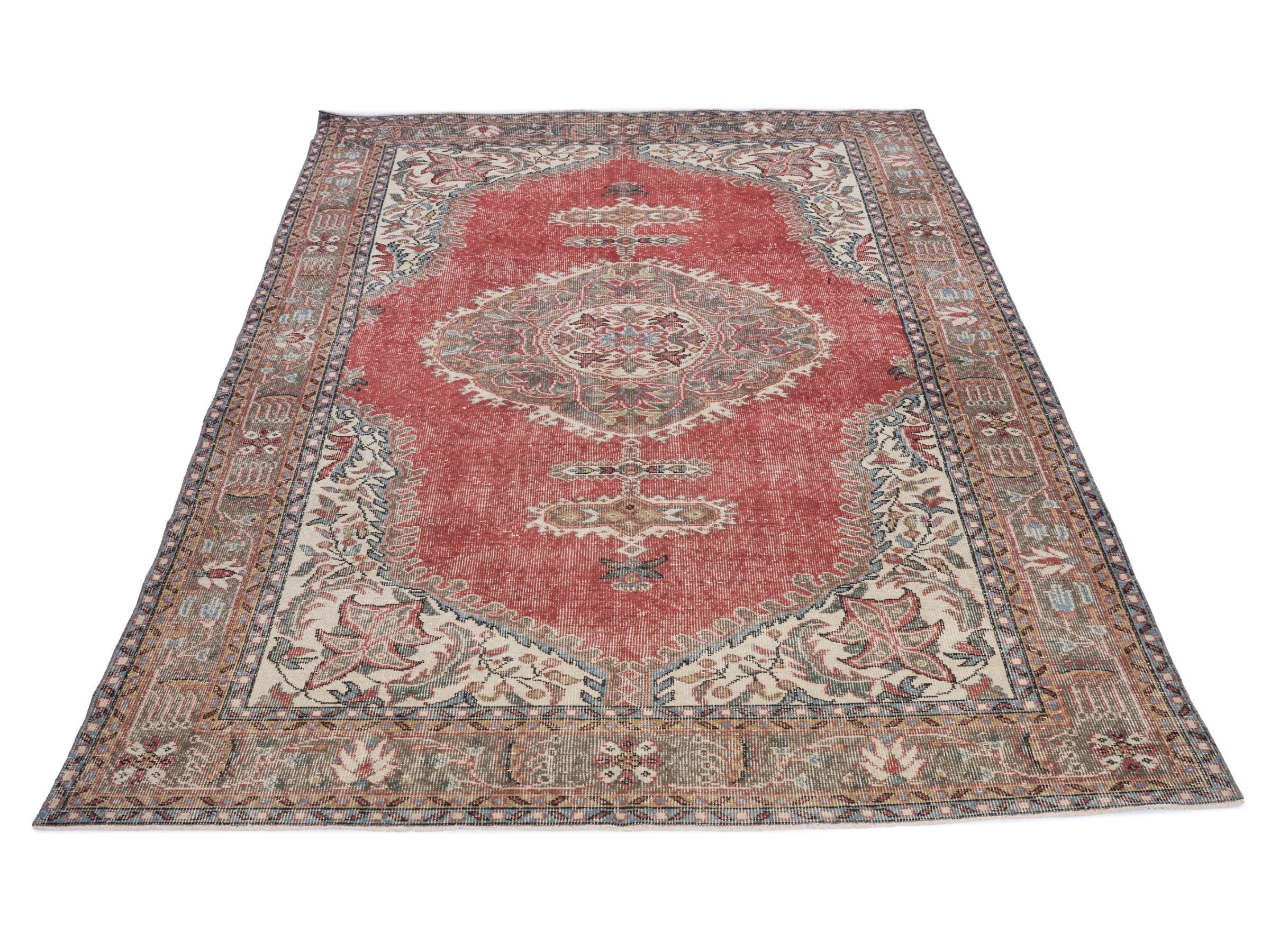 Turkish Isparta area rug in faded red and tan, view 2 of 10