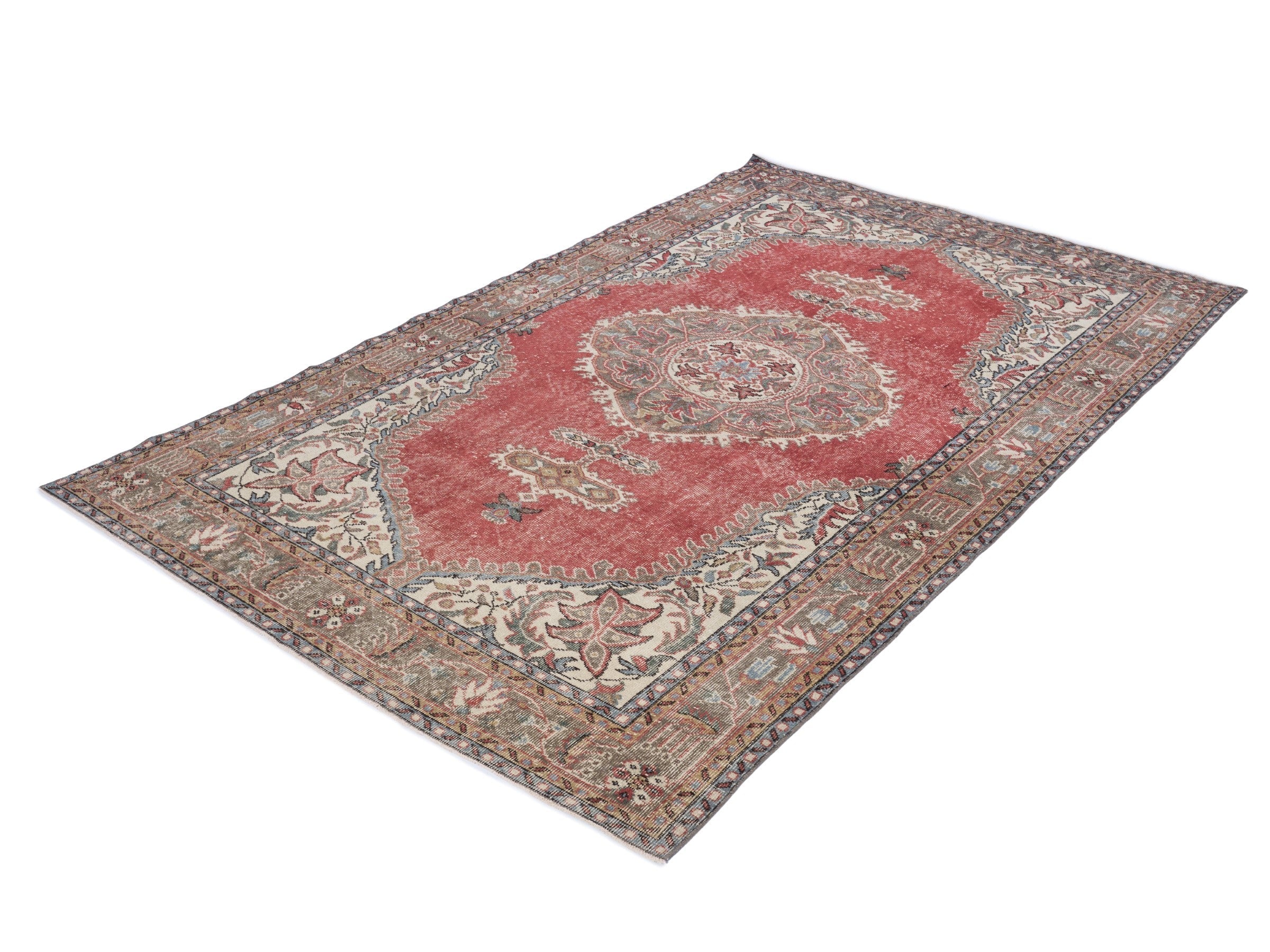 Turkish Isparta area rug in faded red and tan, view 3 of 10