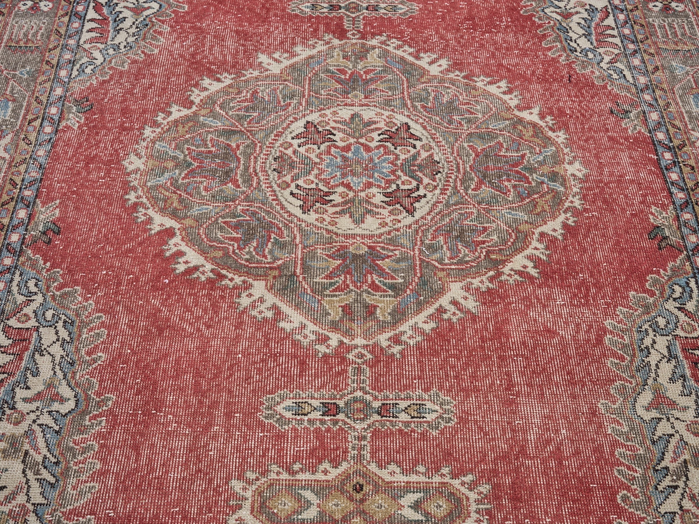 Turkish Isparta area rug in faded red and tan, view 4 of 10