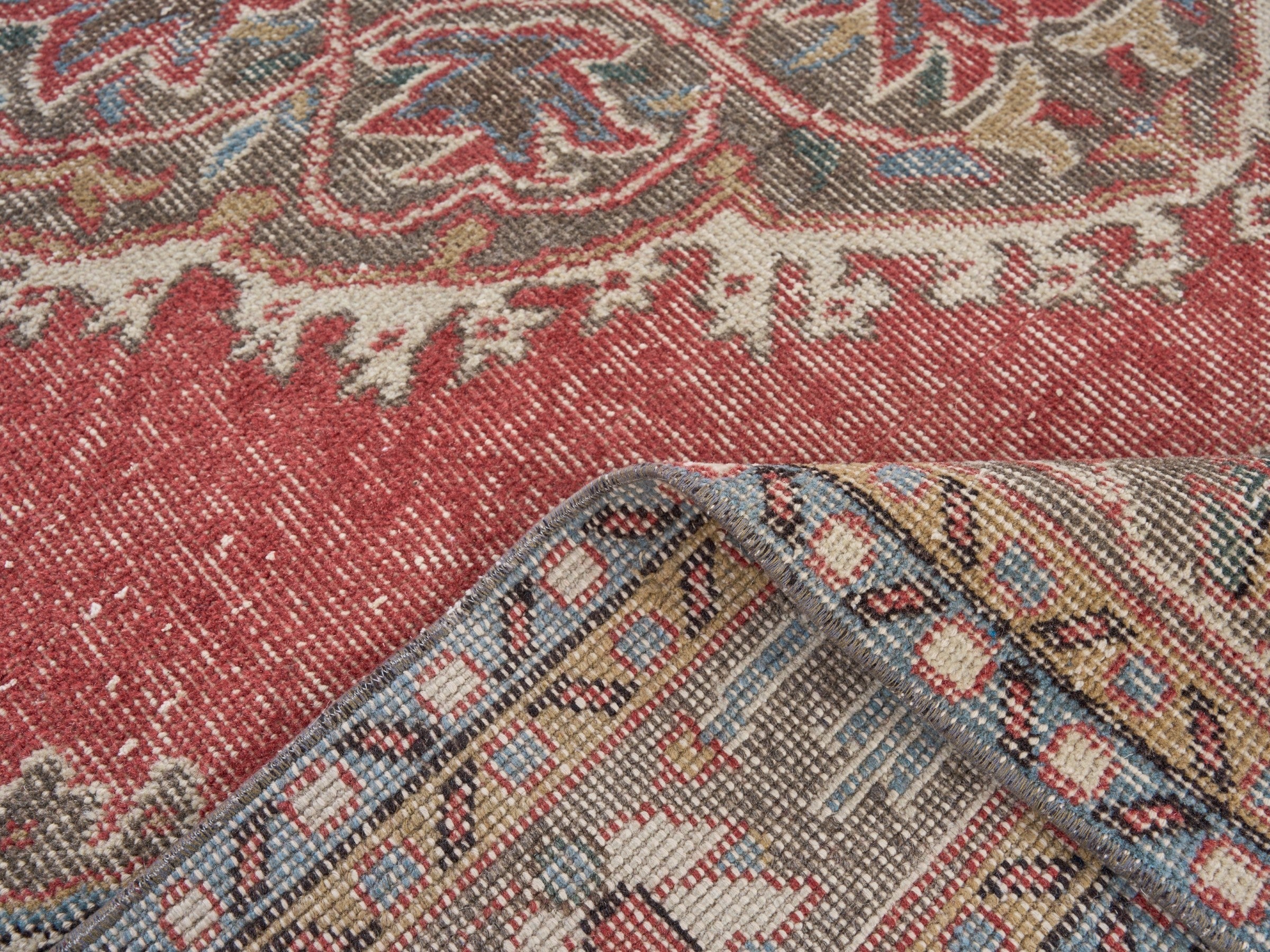 Turkish Isparta area rug in faded red and tan, view 9 of 10