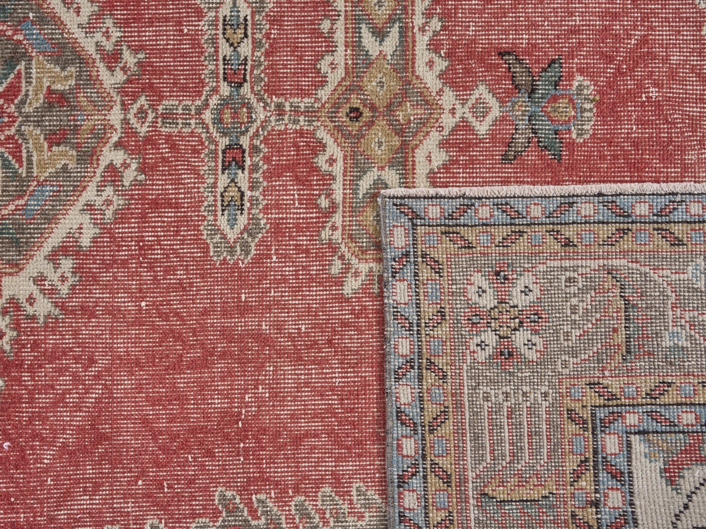 Turkish Isparta area rug in faded red and tan, view 10 of 10