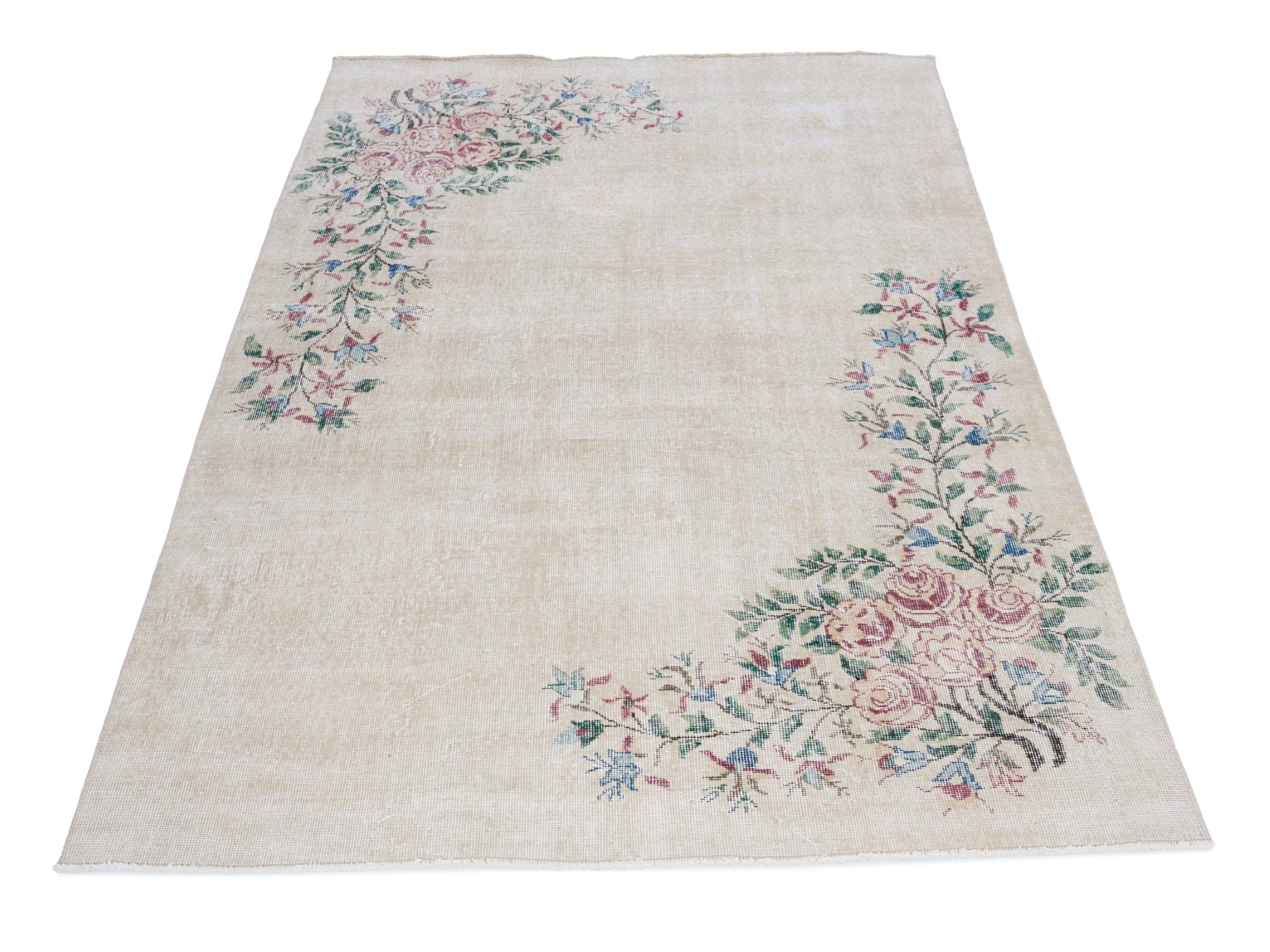 Turkish Isparta area rug in cream and muted pink, view 2 of 10