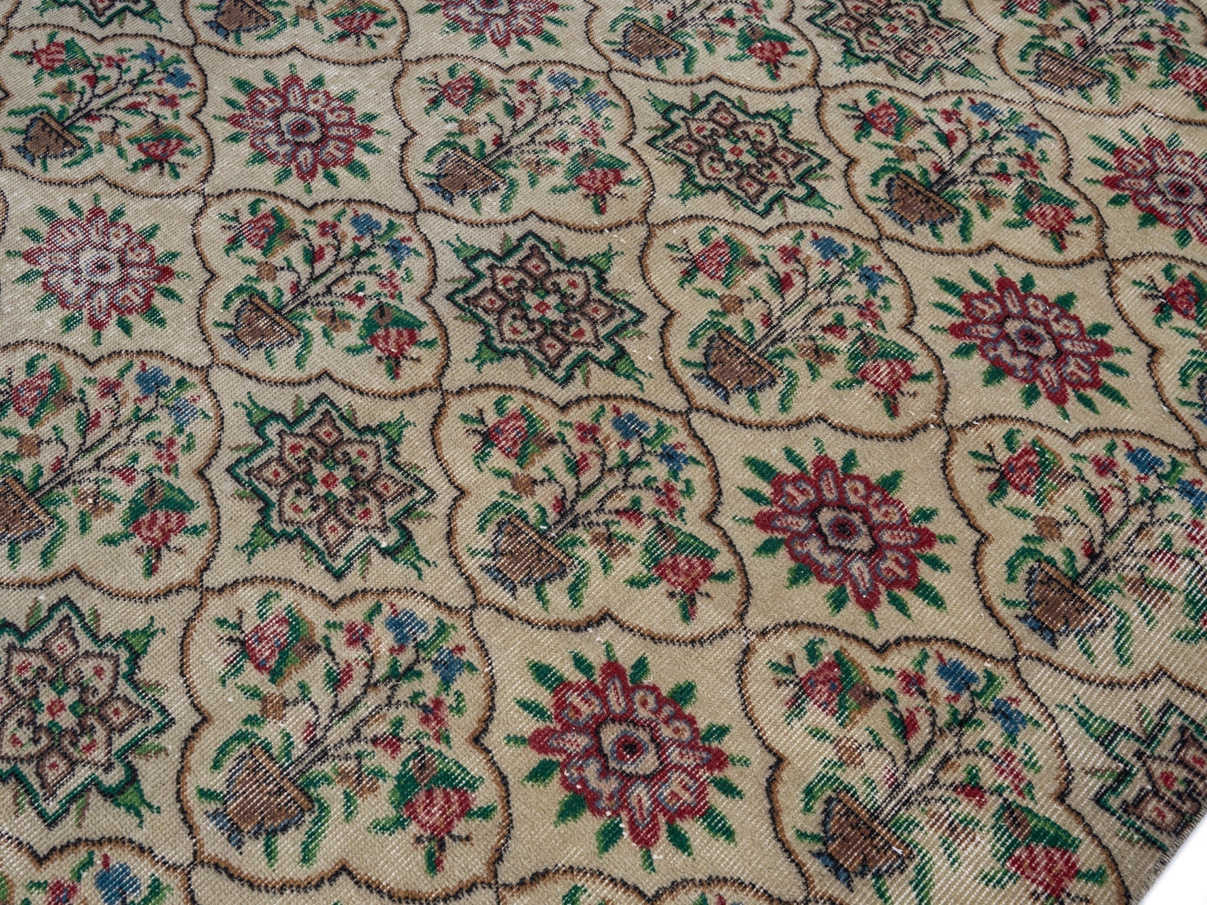 Turkish Manisa area rug in cream and teal, view 5 of 10