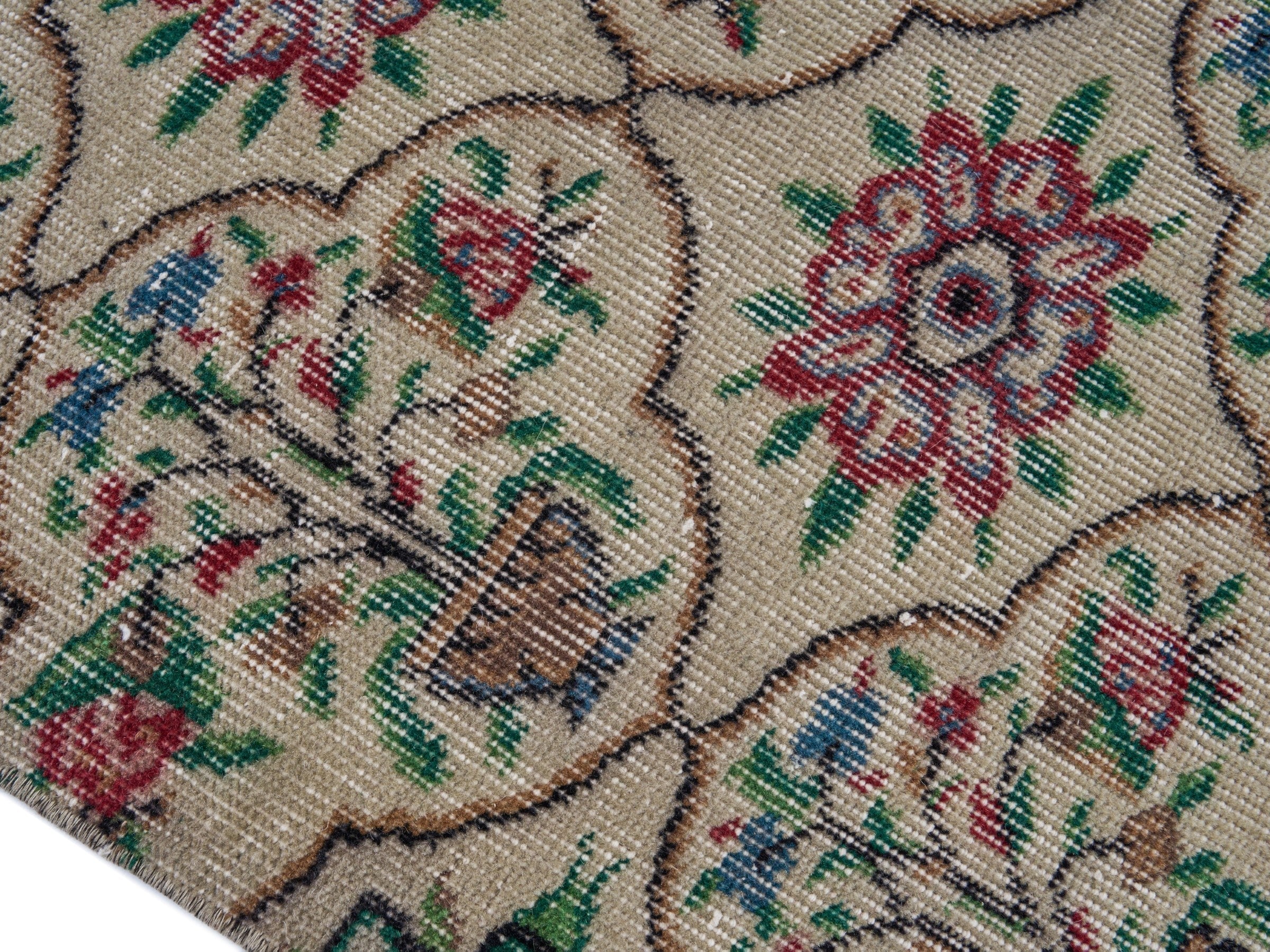 Turkish Manisa area rug in cream and teal, view 6 of 10