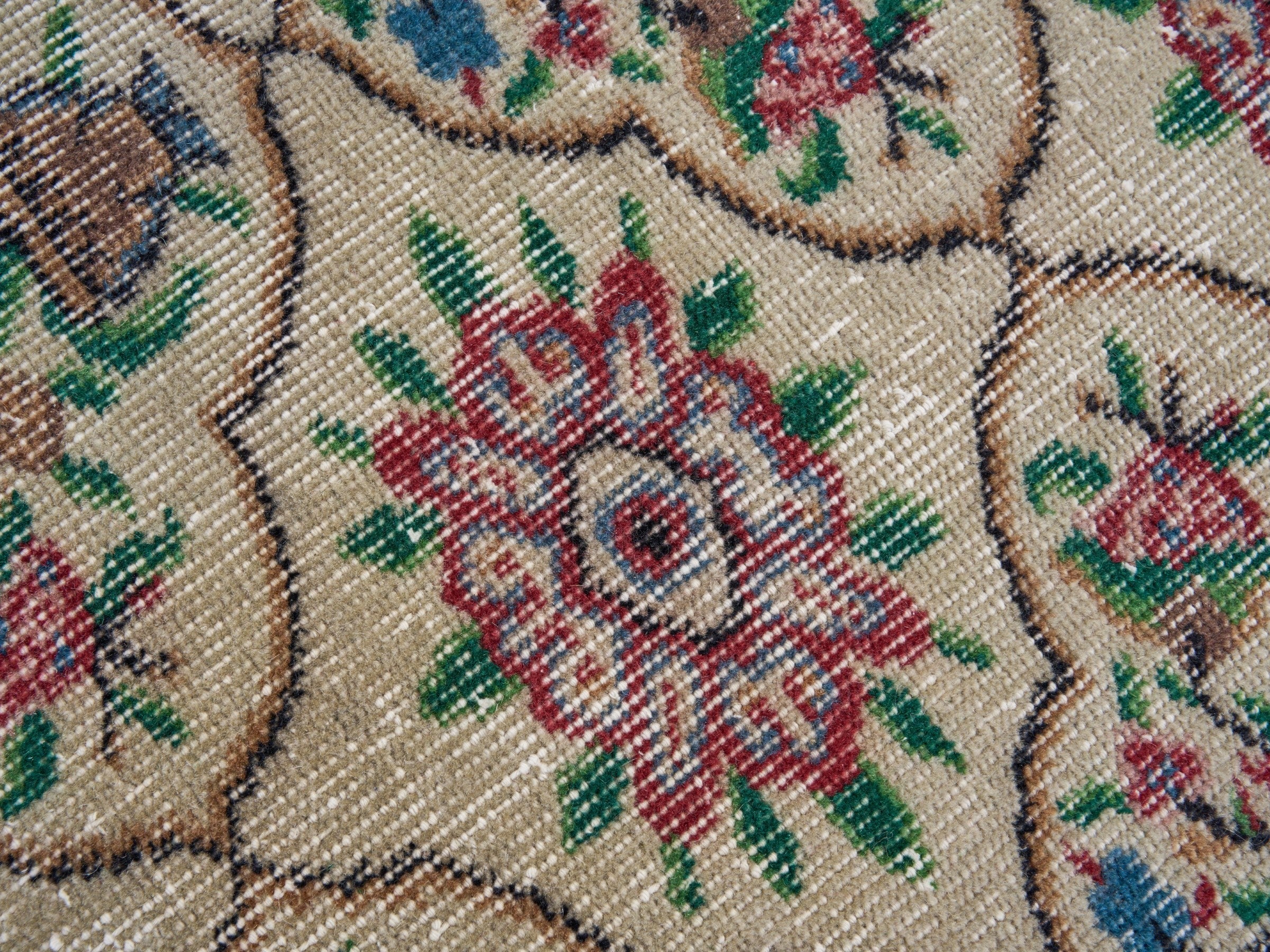 Turkish Manisa area rug in cream and teal, view 7 of 10