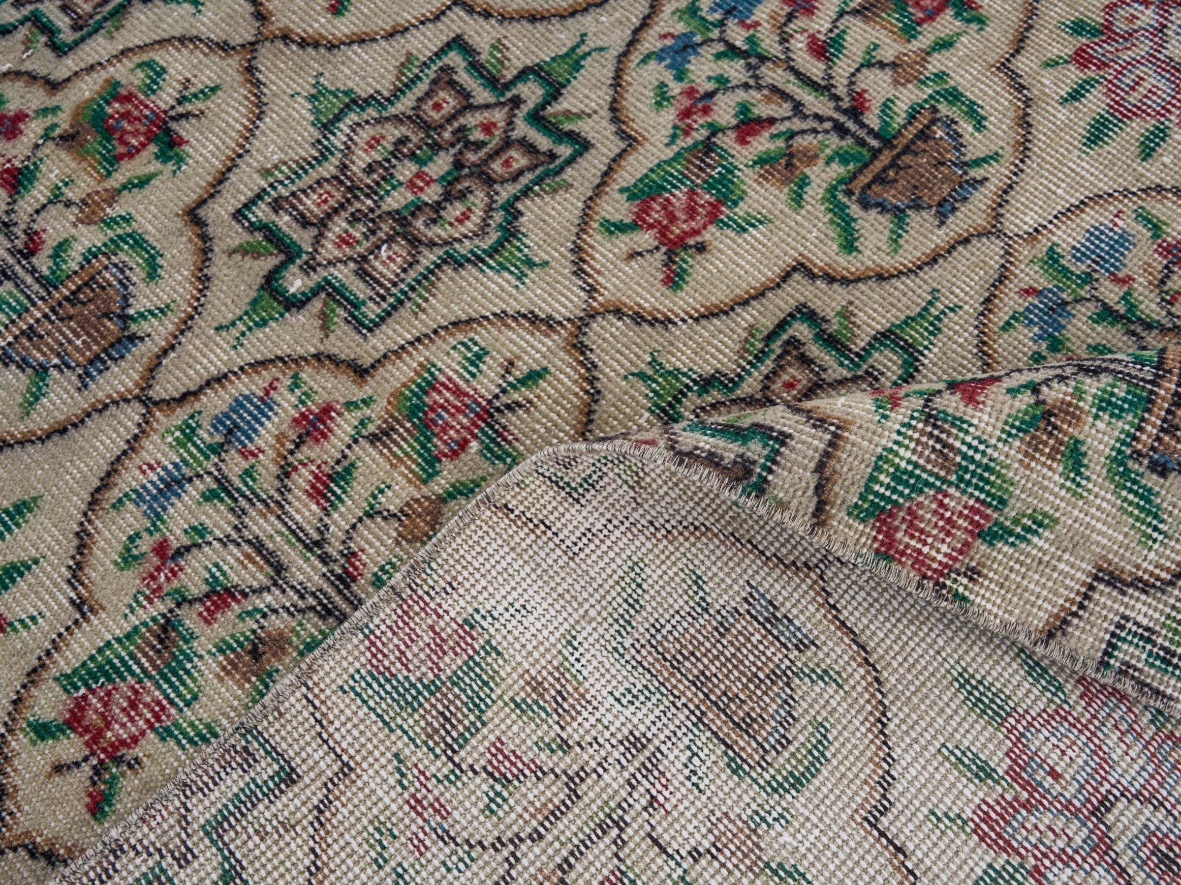 Turkish Manisa area rug in cream and teal, view 9 of 10