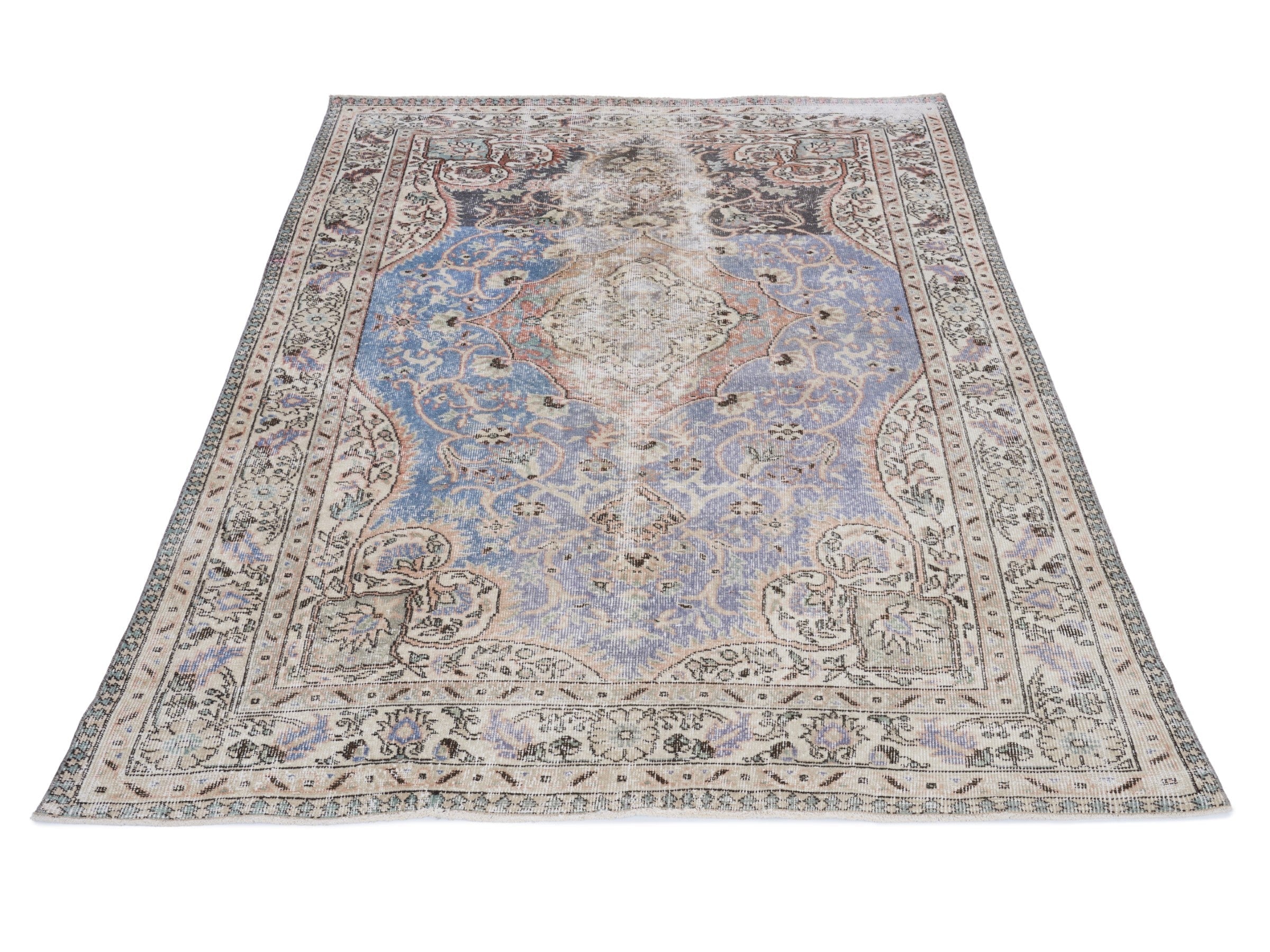 Turkish Isparta area rug in dusty blue and cream, view 2 of 10