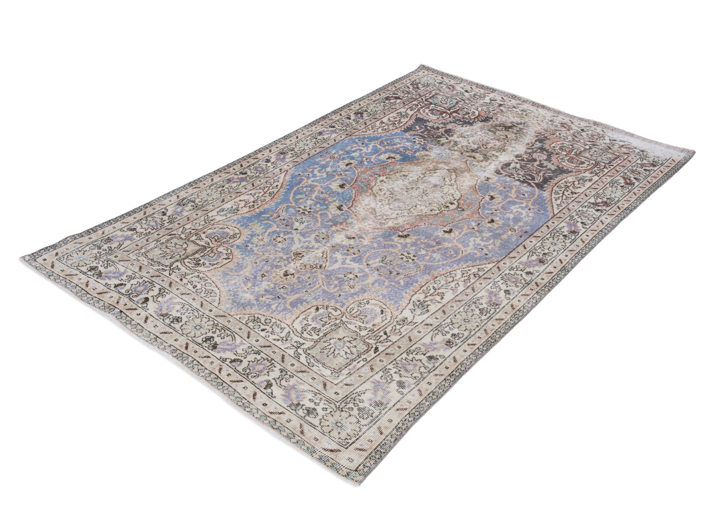 Turkish Isparta area rug in dusty blue and cream, view 3 of 10