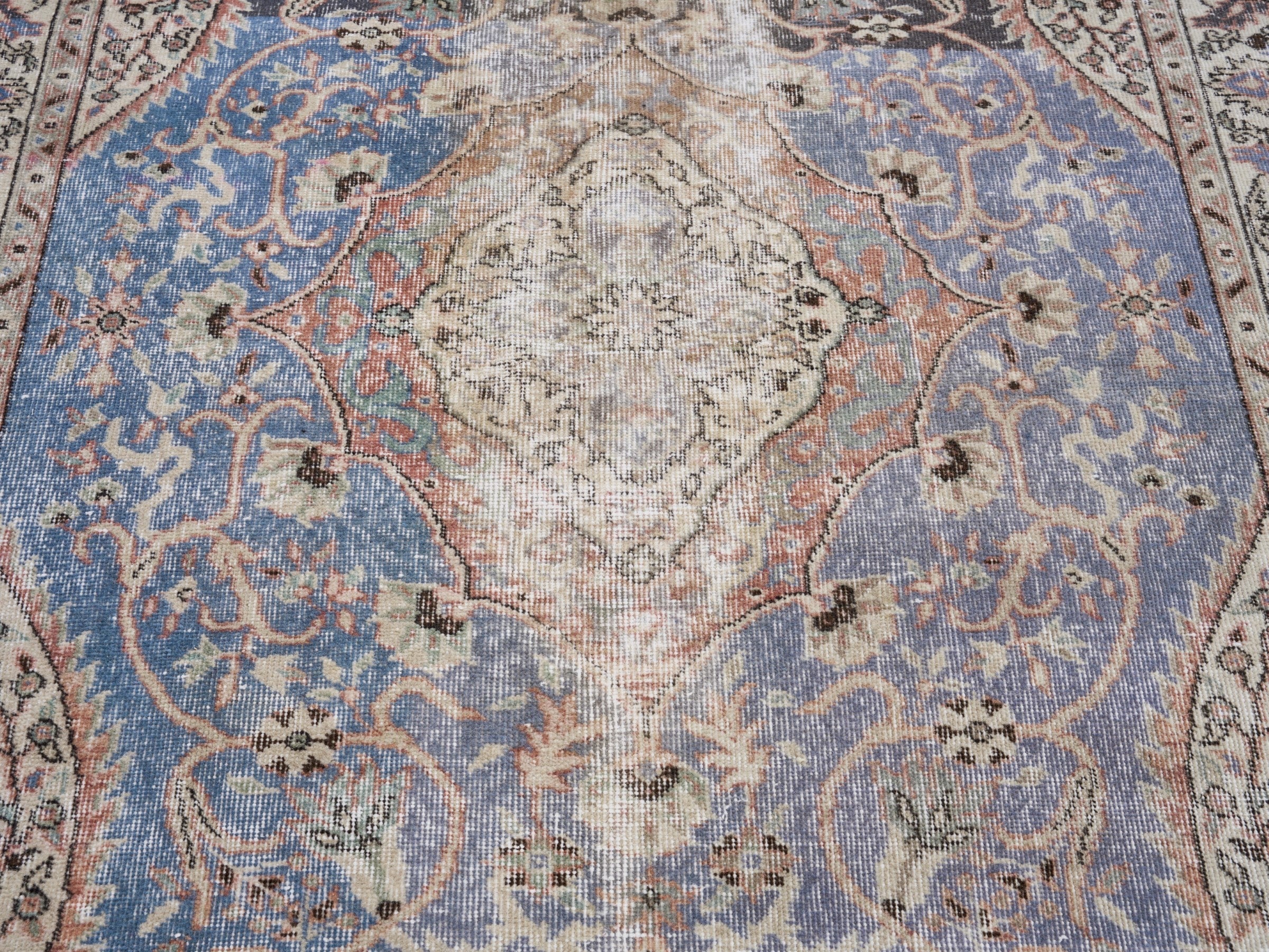 Turkish Isparta area rug in dusty blue and cream, view 4 of 10