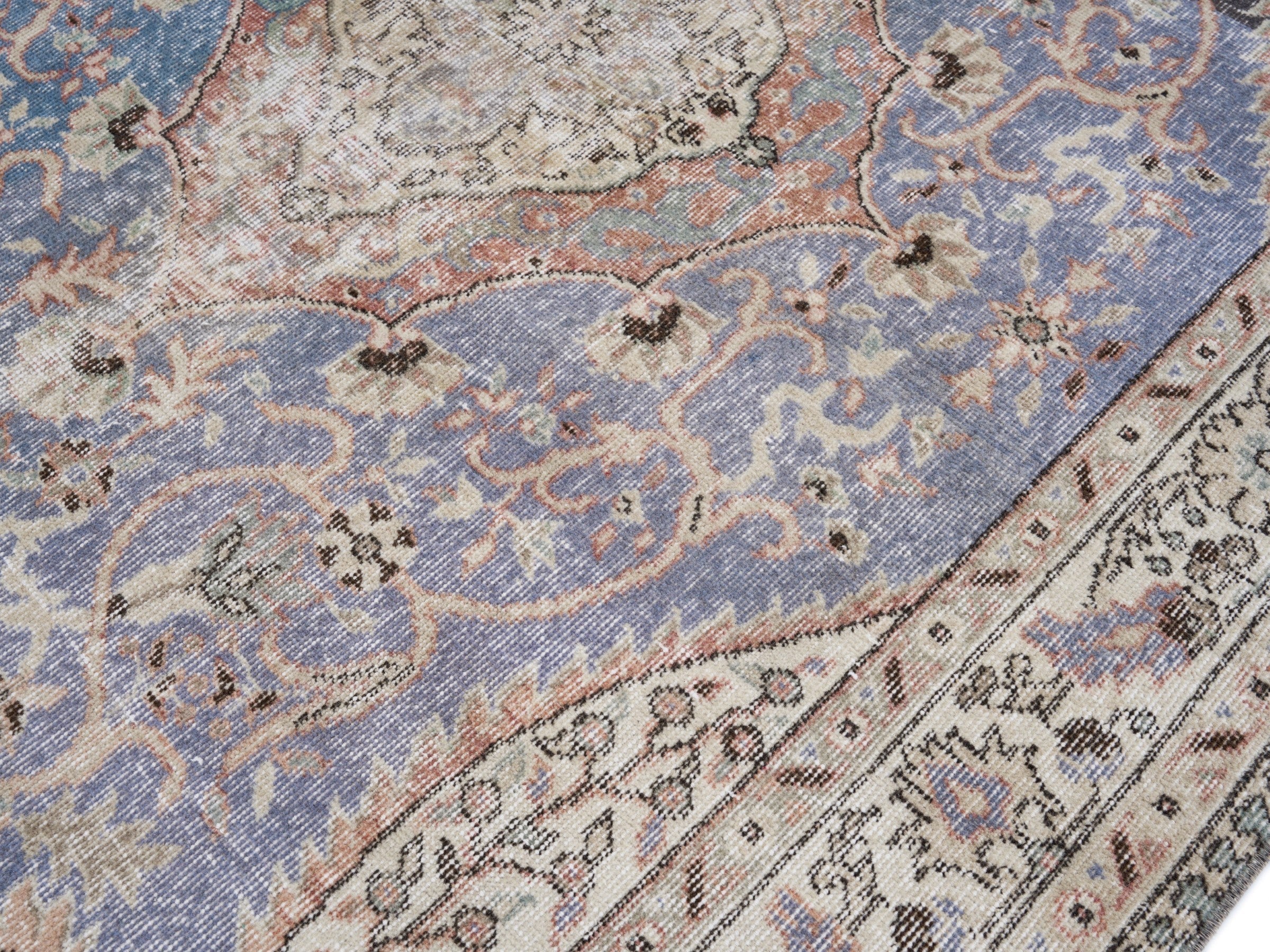 Turkish Isparta area rug in dusty blue and cream, view 5 of 10