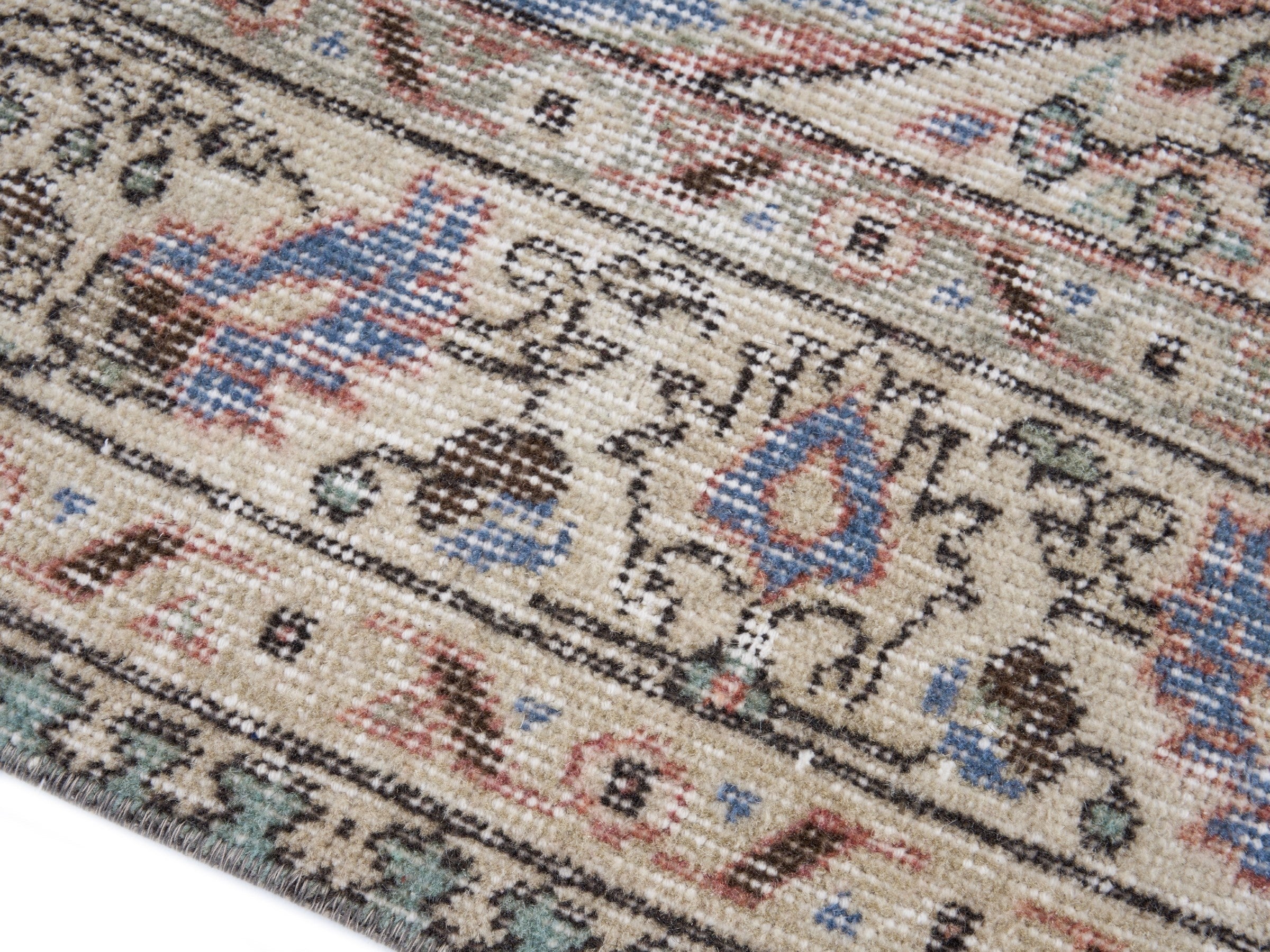 Turkish Isparta area rug in dusty blue and cream, view 6 of 10