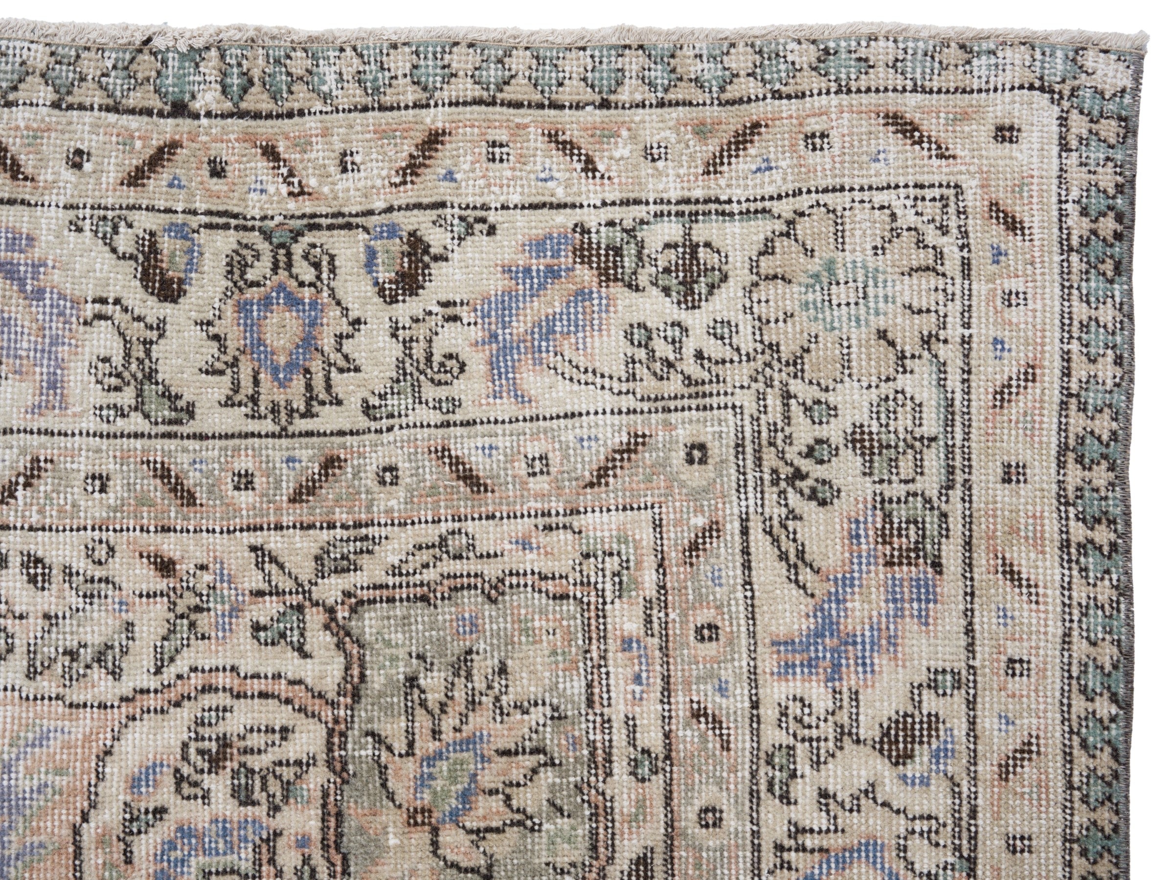 Turkish Isparta area rug in dusty blue and cream, view 8 of 10