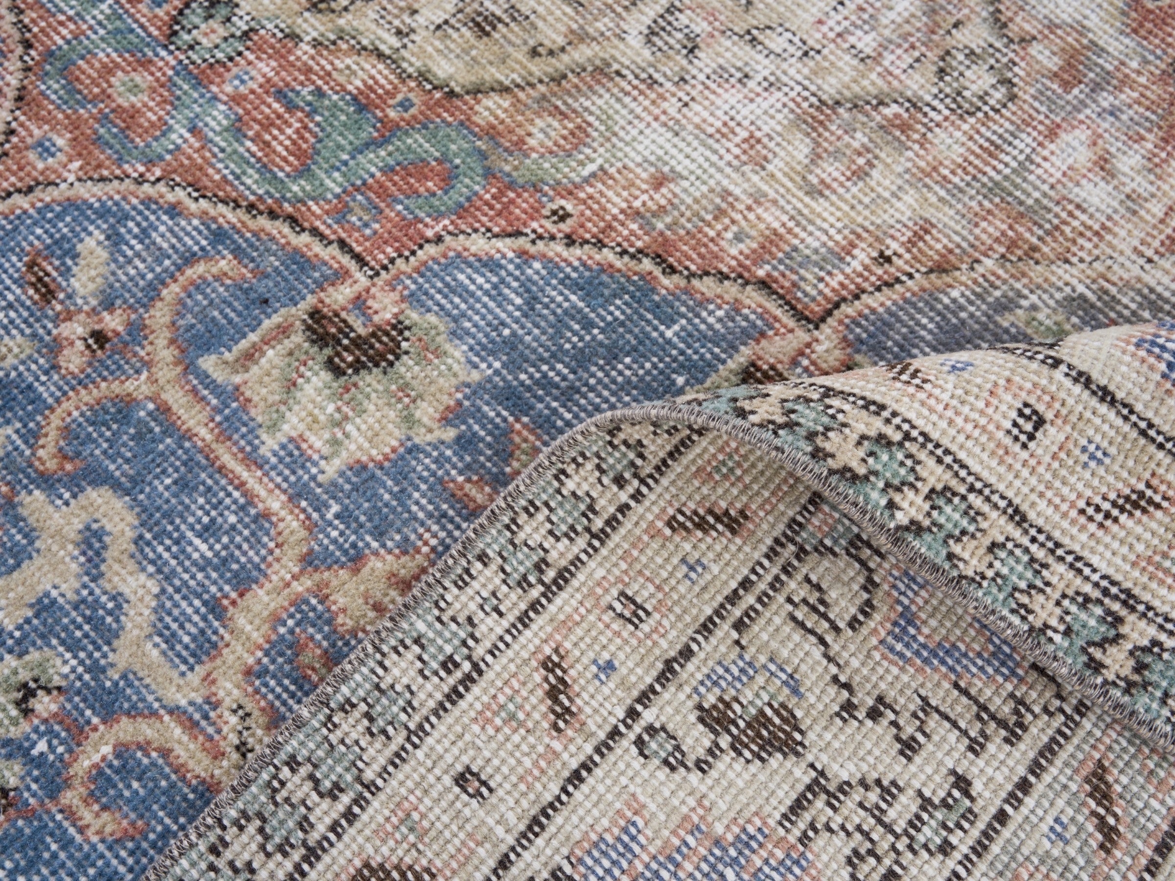 Turkish Isparta area rug in dusty blue and cream, view 9 of 10