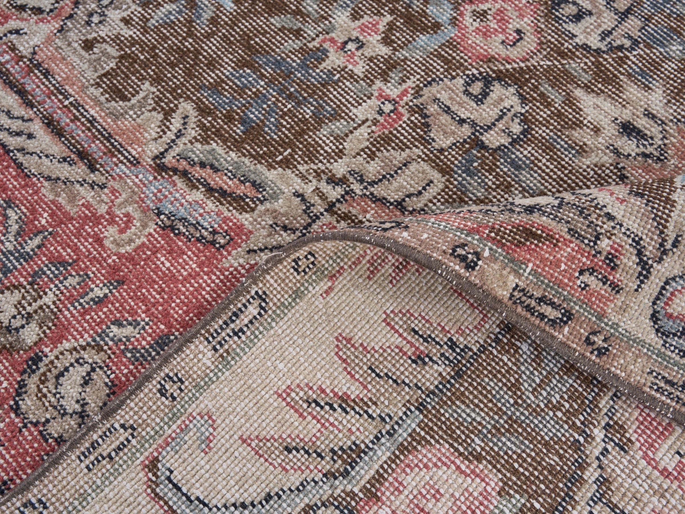 Turkish Isparta area rug in rose and greige, view 9 of 10