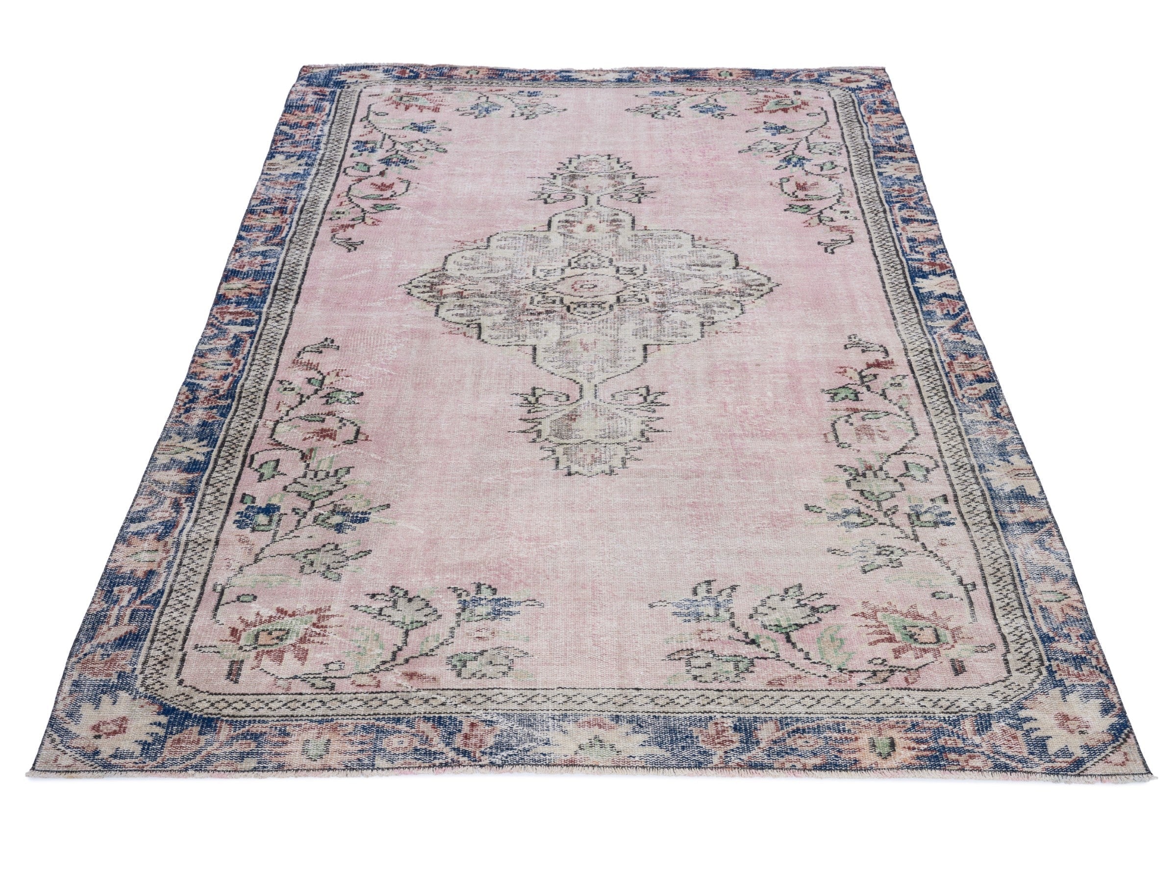 Turkish Manisa area rug in dusty rose and dark blue, view 2 of 10