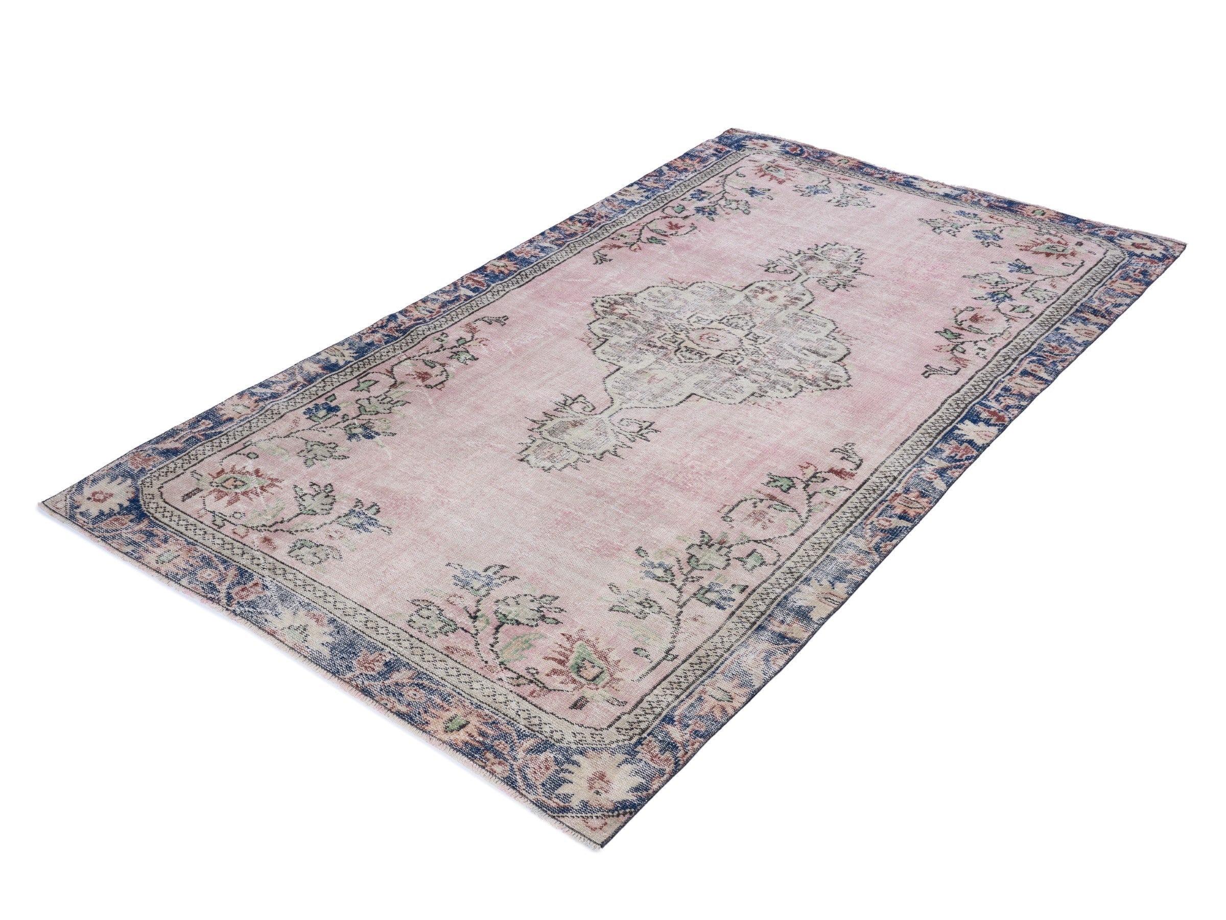 Turkish Manisa area rug in dusty rose and dark blue, view 3 of 10